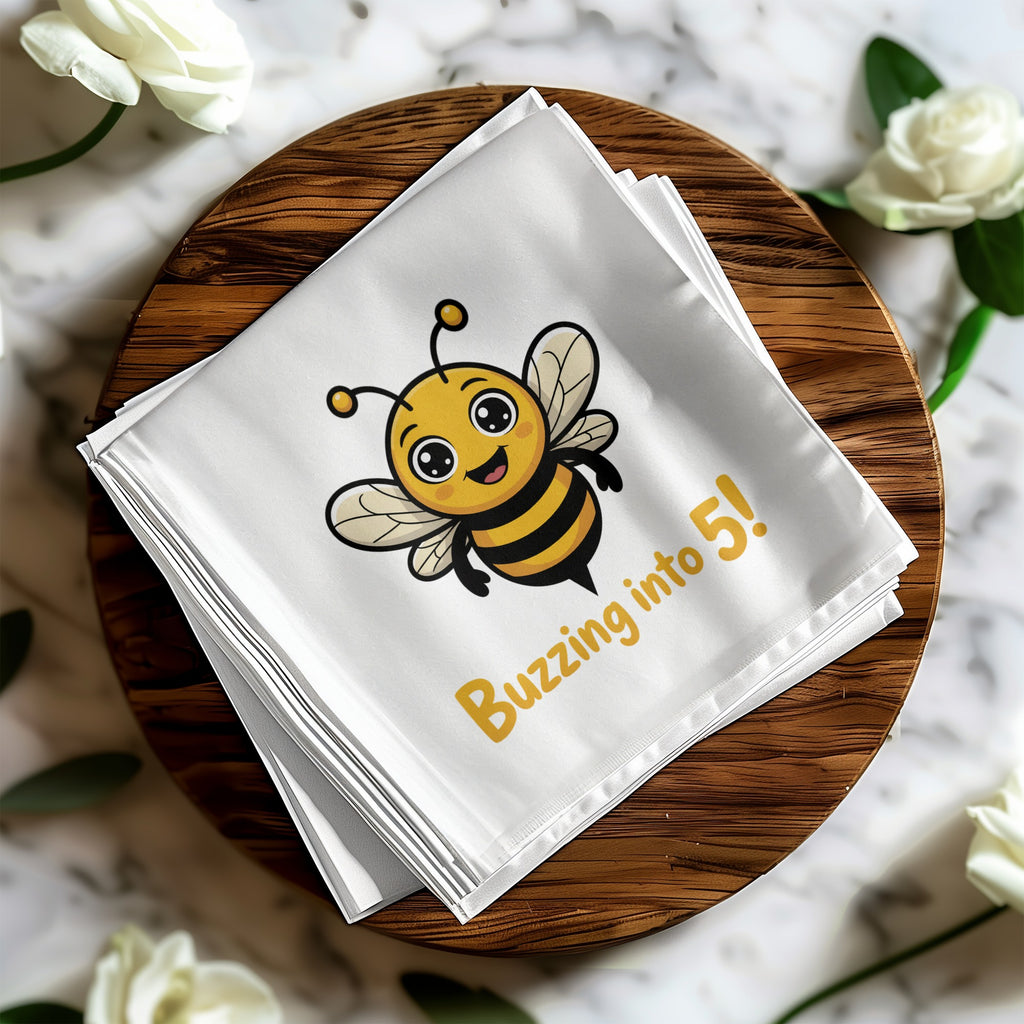 White napkin with cartoon bee and "Buzzing into 5!" text.