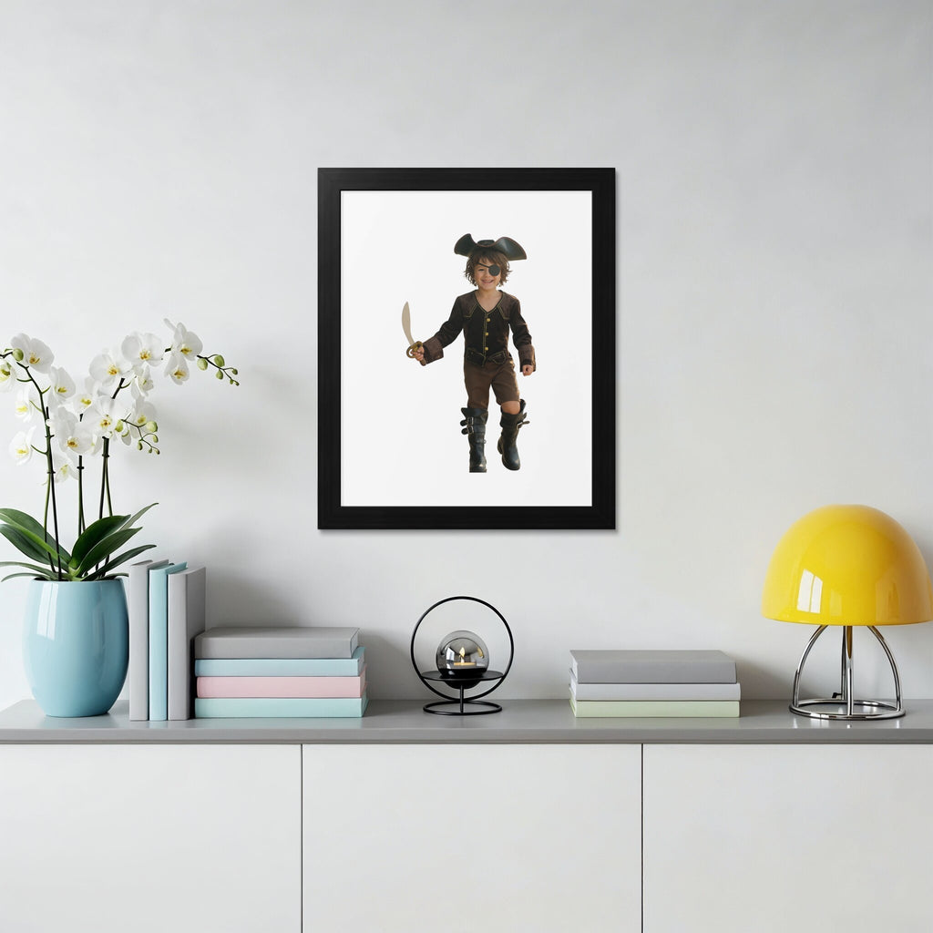 Child dressed as a pirate with sword and hat in framed portrait.