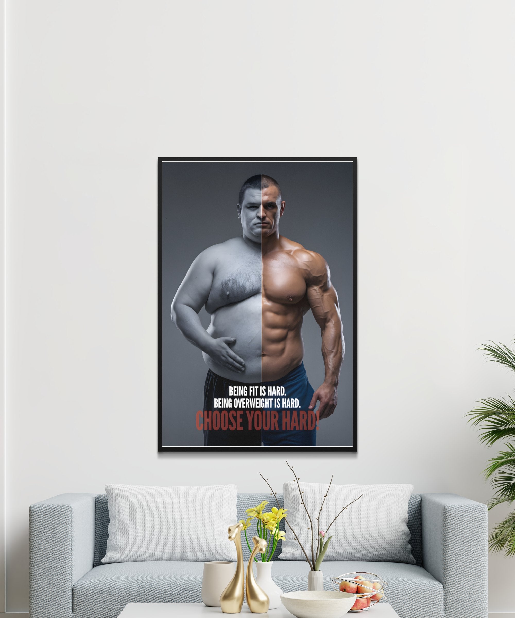 Split image: overweight person morphing into muscular person with motivational text.