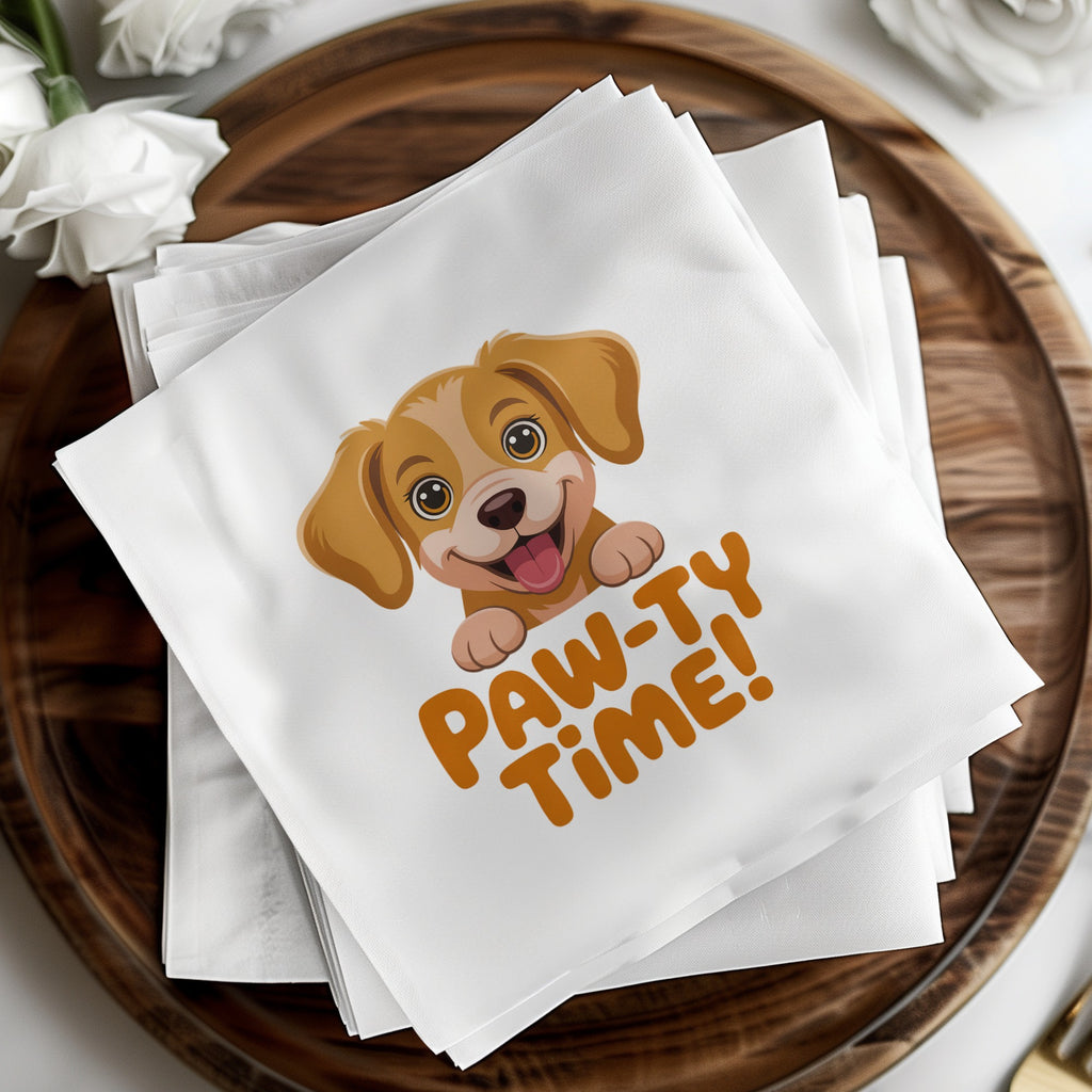 White napkins with cartoon puppy and "PAW-TY TIME!" text.