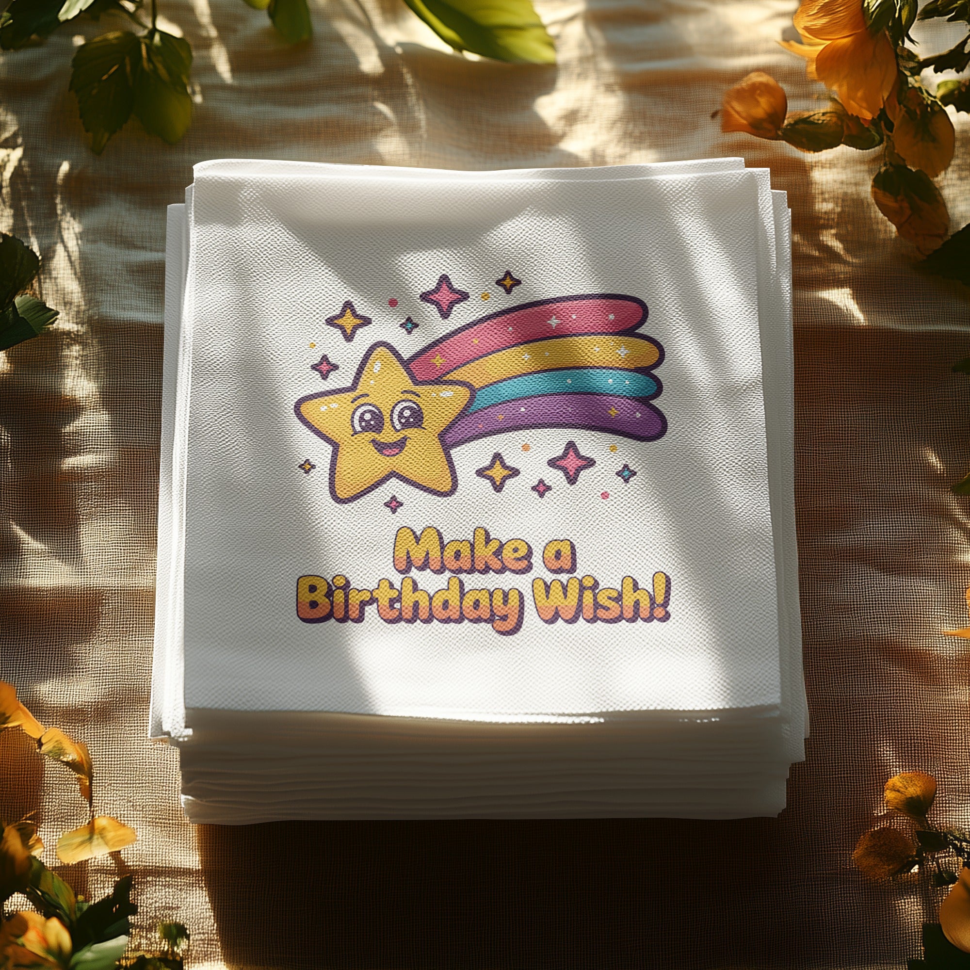 Stack of white napkins with a smiling star and "Make a Birthday Wish!" text.