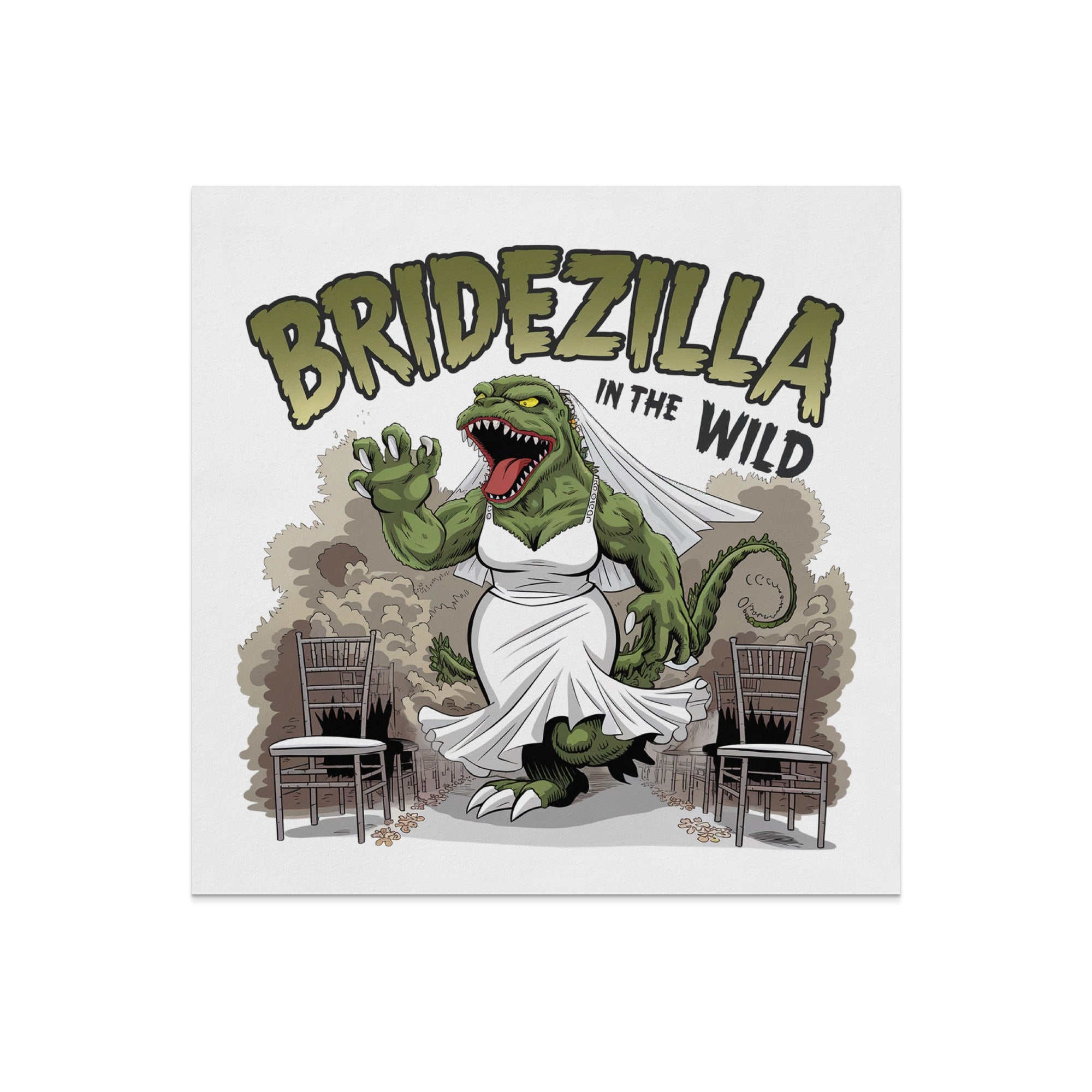 Bridezilla monster in wedding dress and veil between chairs.