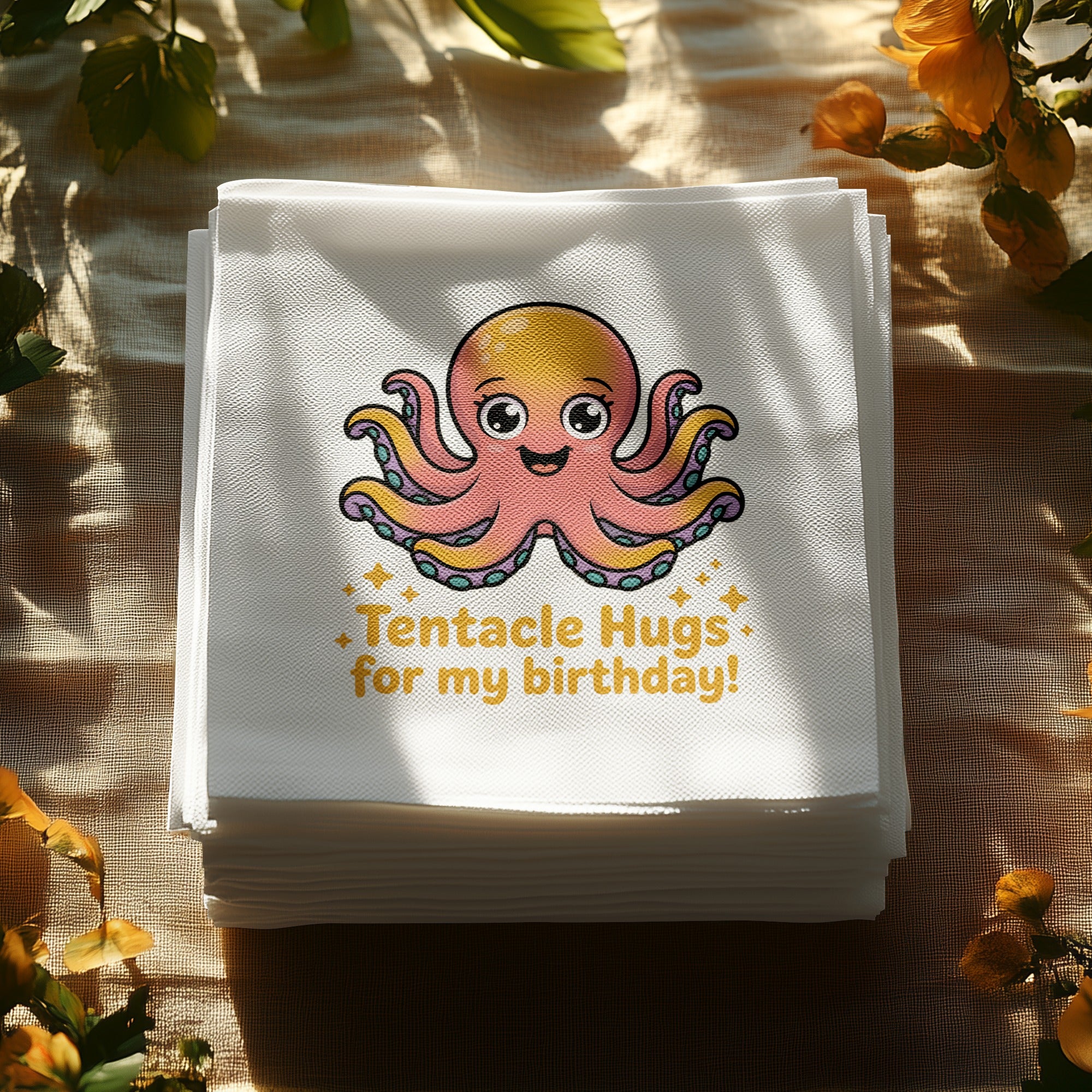 Stack of napkins with cartoon octopus saying "Tentacle Hugs for my birthday!".