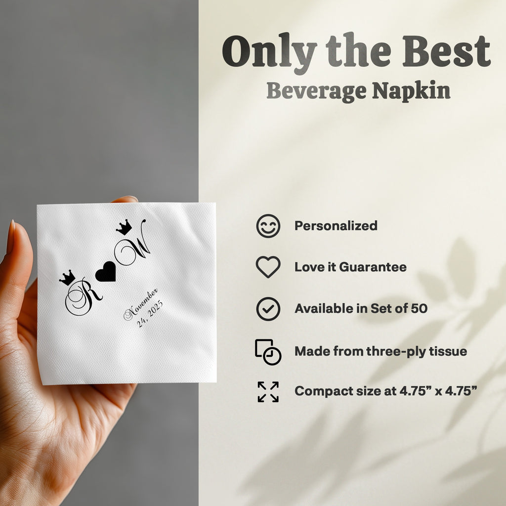 Beverage napkin with "R & W" monogram and "November 24, 2025" date.