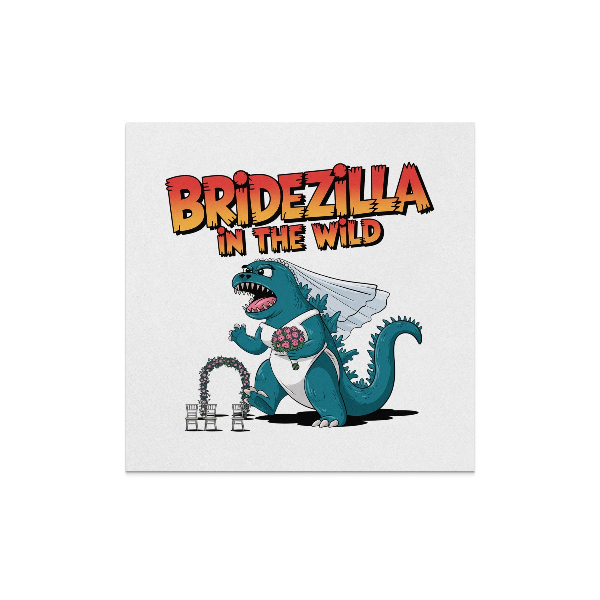 Bridezilla in the Wild cartoon Godzilla in wedding veil holding bouquet.