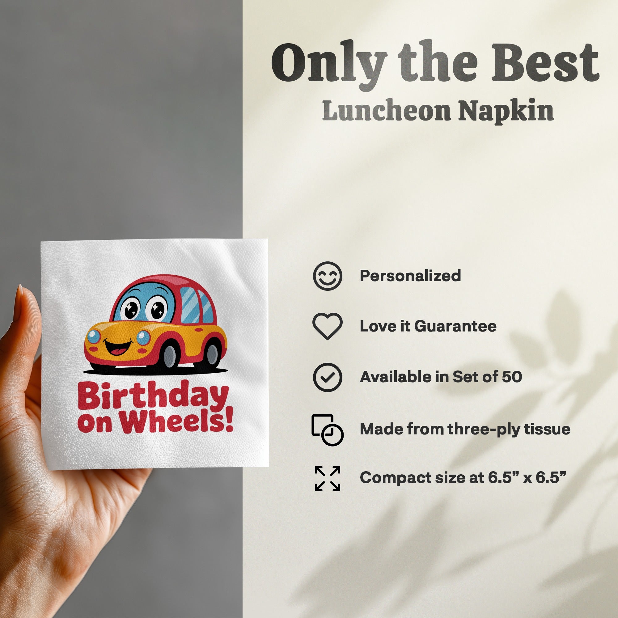 Luncheon napkin with a smiling car and "Birthday on Wheels!" text.