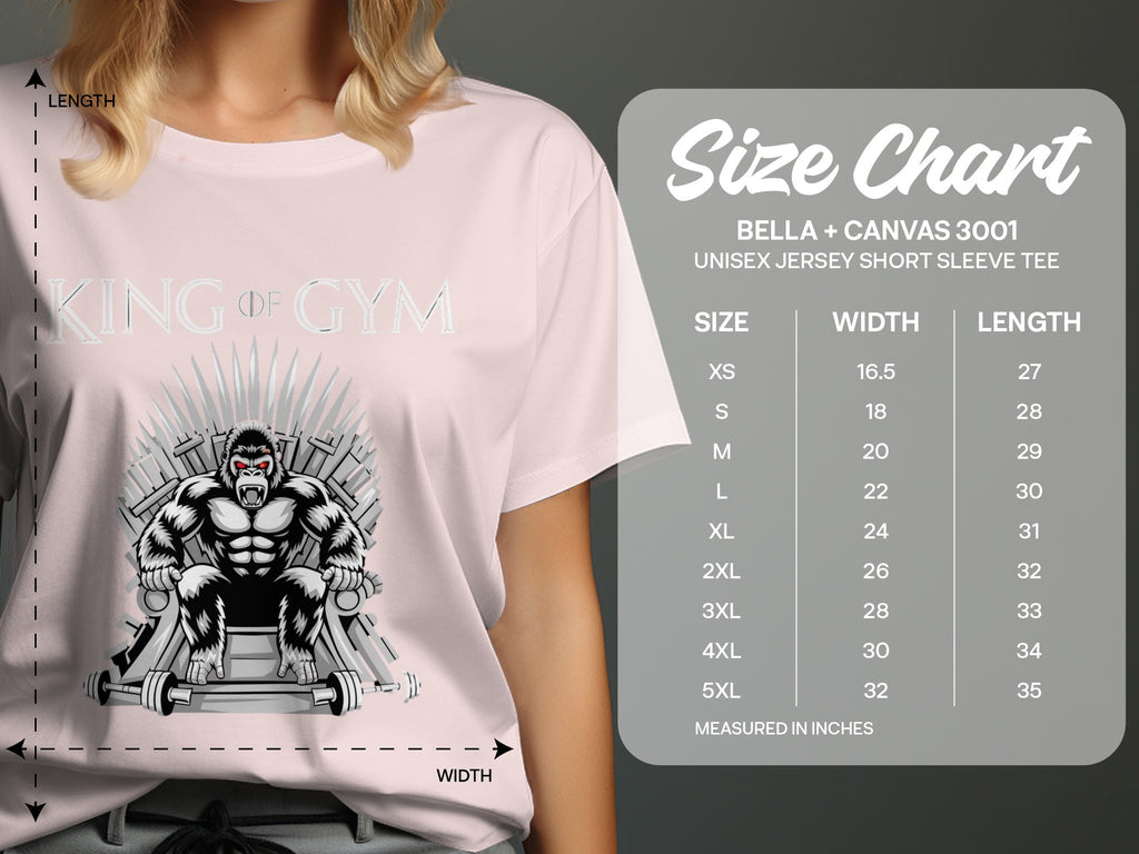 Graphic t-shirt with a gorilla on a throne, size chart on the right.