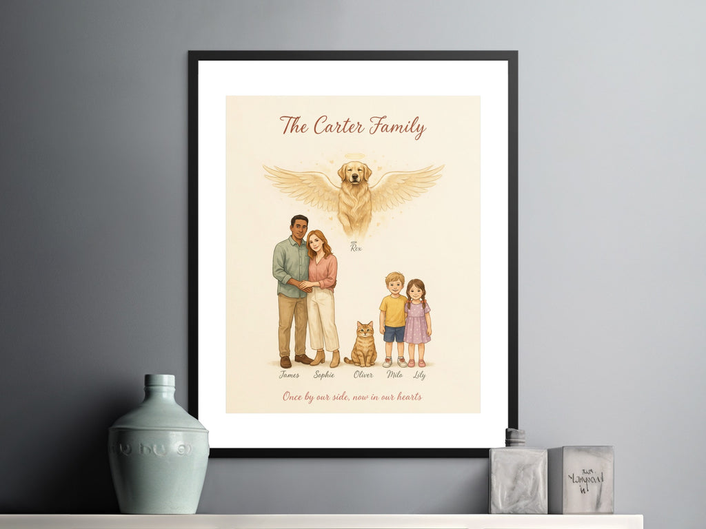 Carter family illustration with a dog halo, wings, cat, and children.