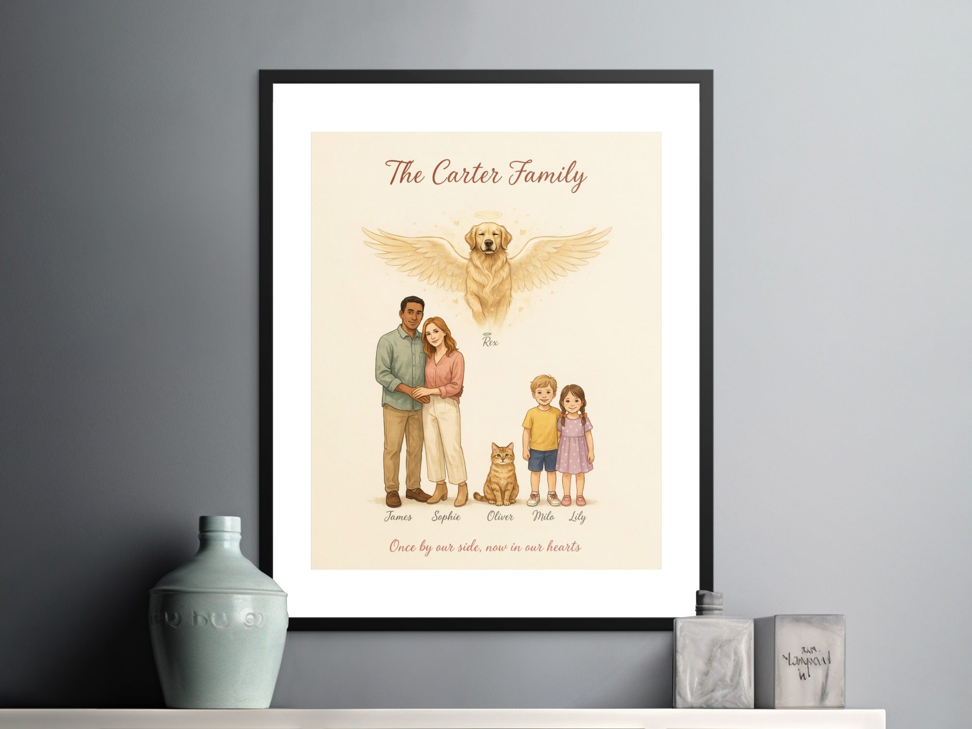 Carter family illustration with a dog halo, wings, cat, and children.