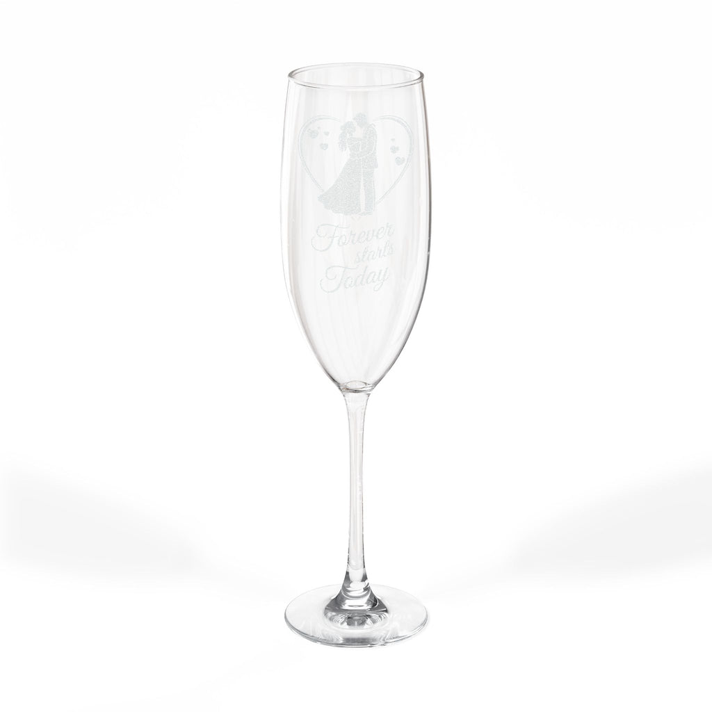 Champagne flute with etched design of couple and text "Forever starts today".