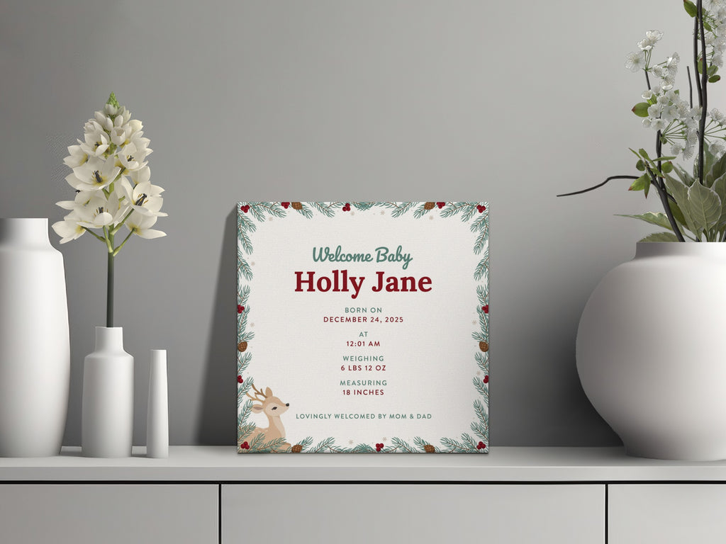 Baby welcome sign for Holly Jane, born December 24, 2025, with holiday border.