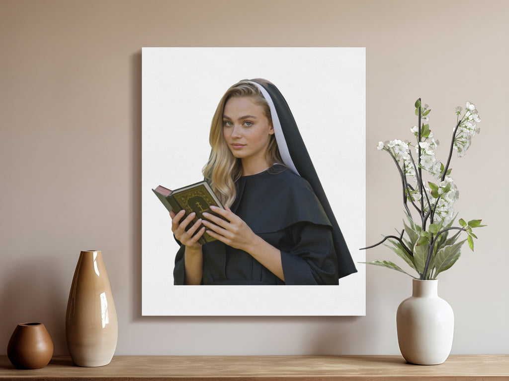 Woman in nun's habit reads a small book.