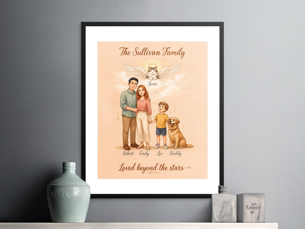 The Sullivan Family custom portrait with names and a winged cat named Luna.