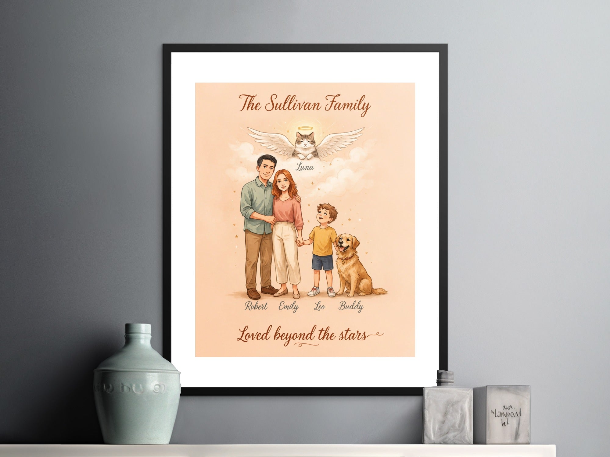 The Sullivan Family custom portrait with names and a winged cat named Luna.
