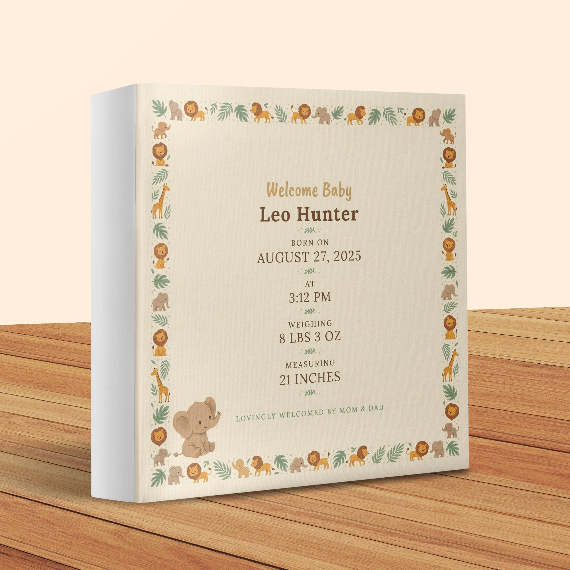 Baby birth announcement with Leo Hunter's birth details and safari animal border.