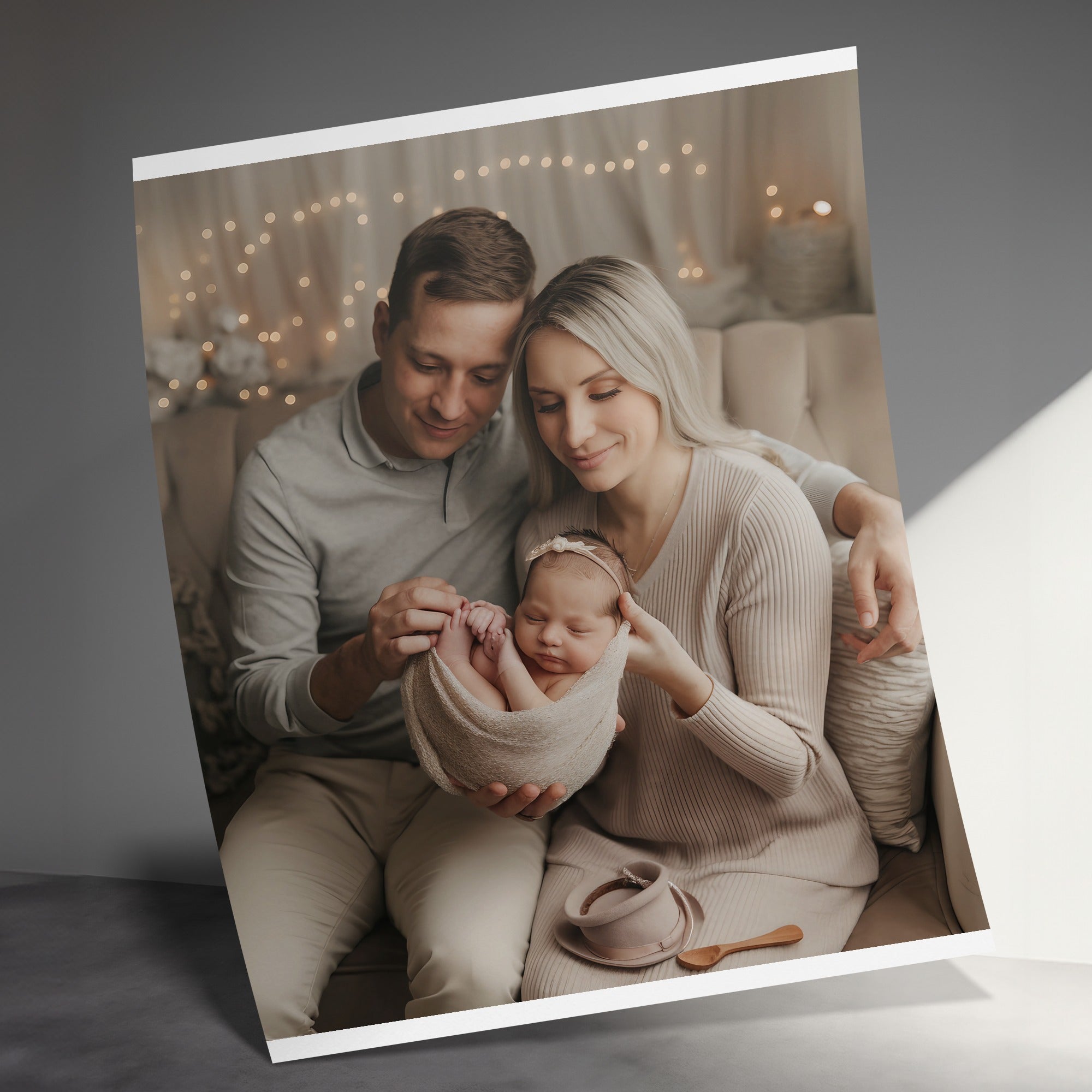 Parents cradling newborn wrapped in blanket, with teacup in foreground.