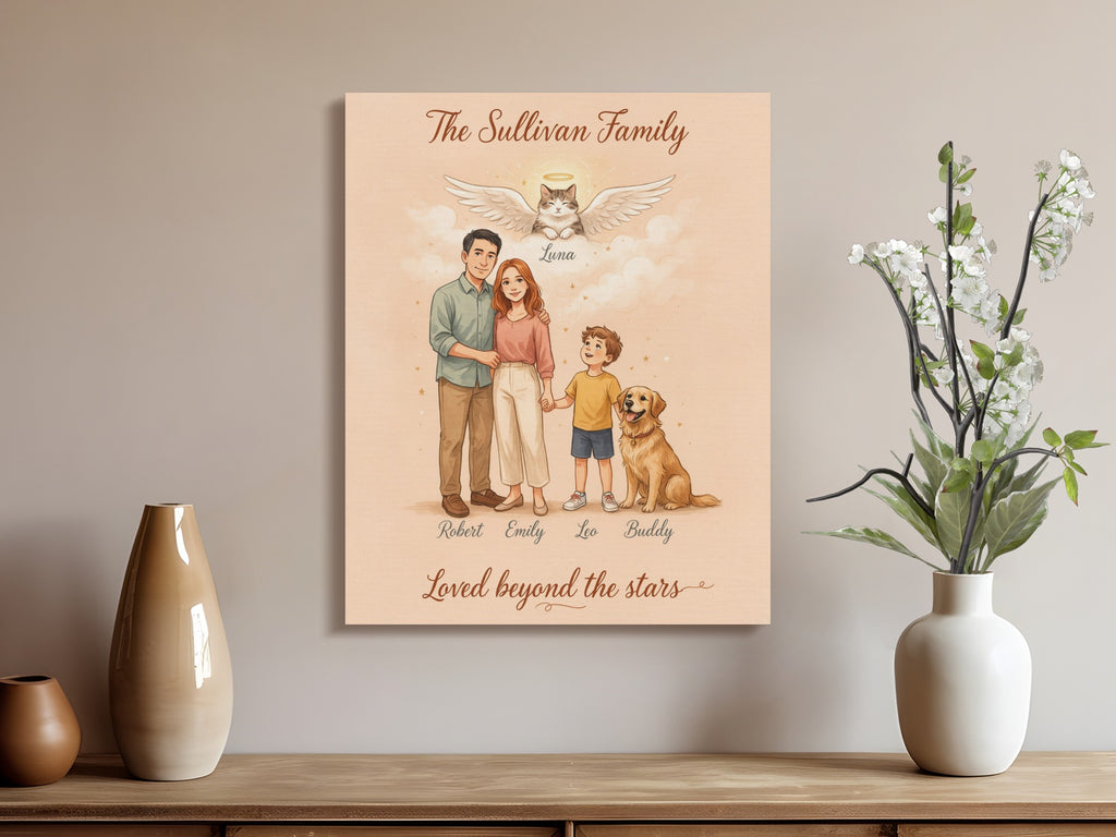 The Sullivan Family portrait with pets and memorial cat with halo.