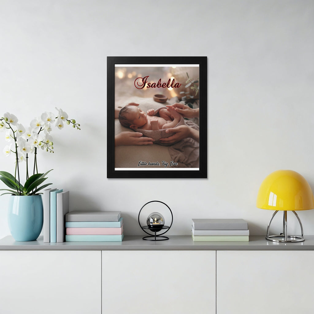 Framed print of baby Isabella's hands, text "Little hands, Big Love."