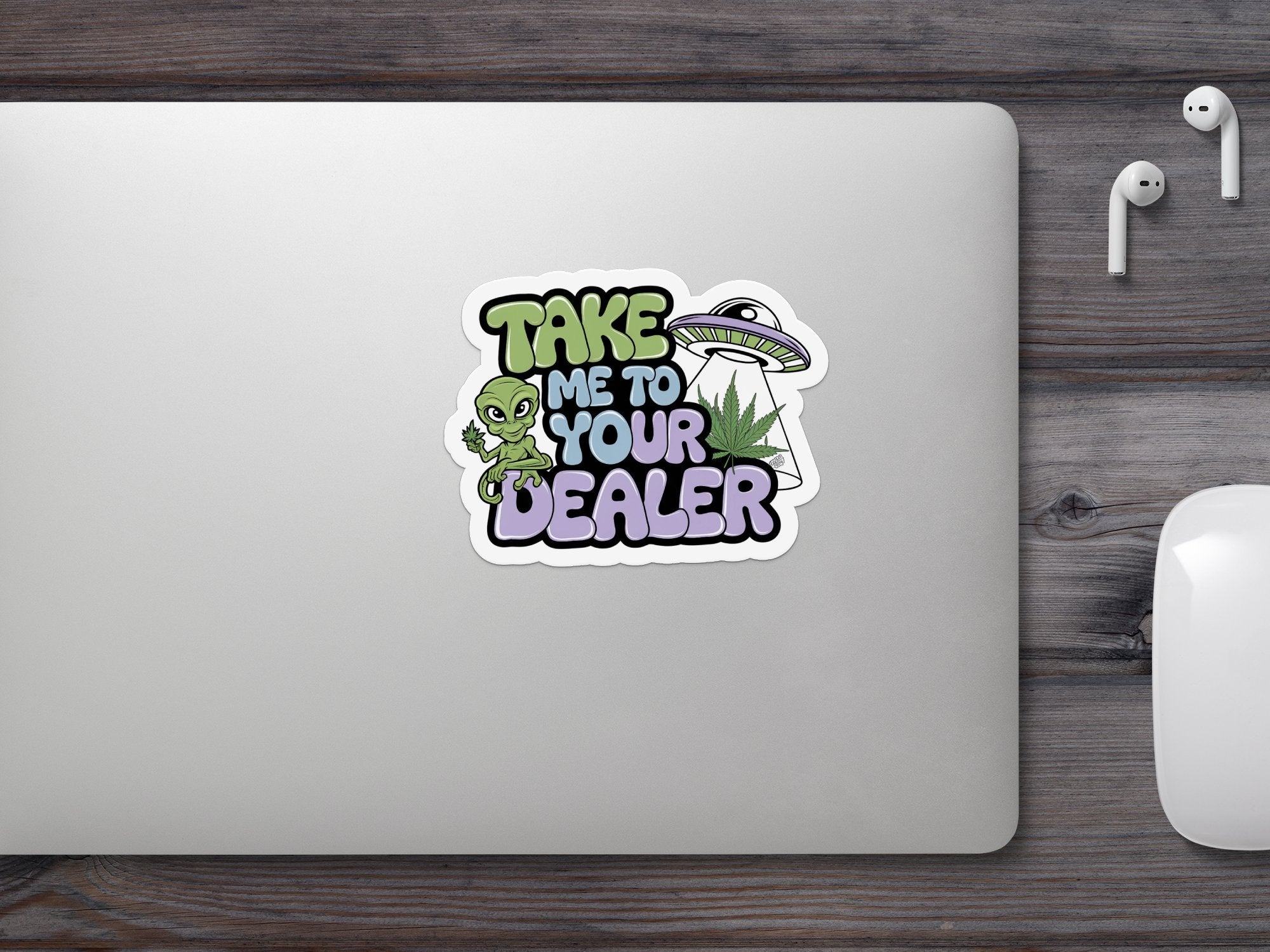 Alien and UFO sticker with text "Take Me To Your Dealer".