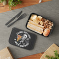 Lunchbox with text "Calories Don't Count If You're Dead Inside" and a skeleton eating pizza.