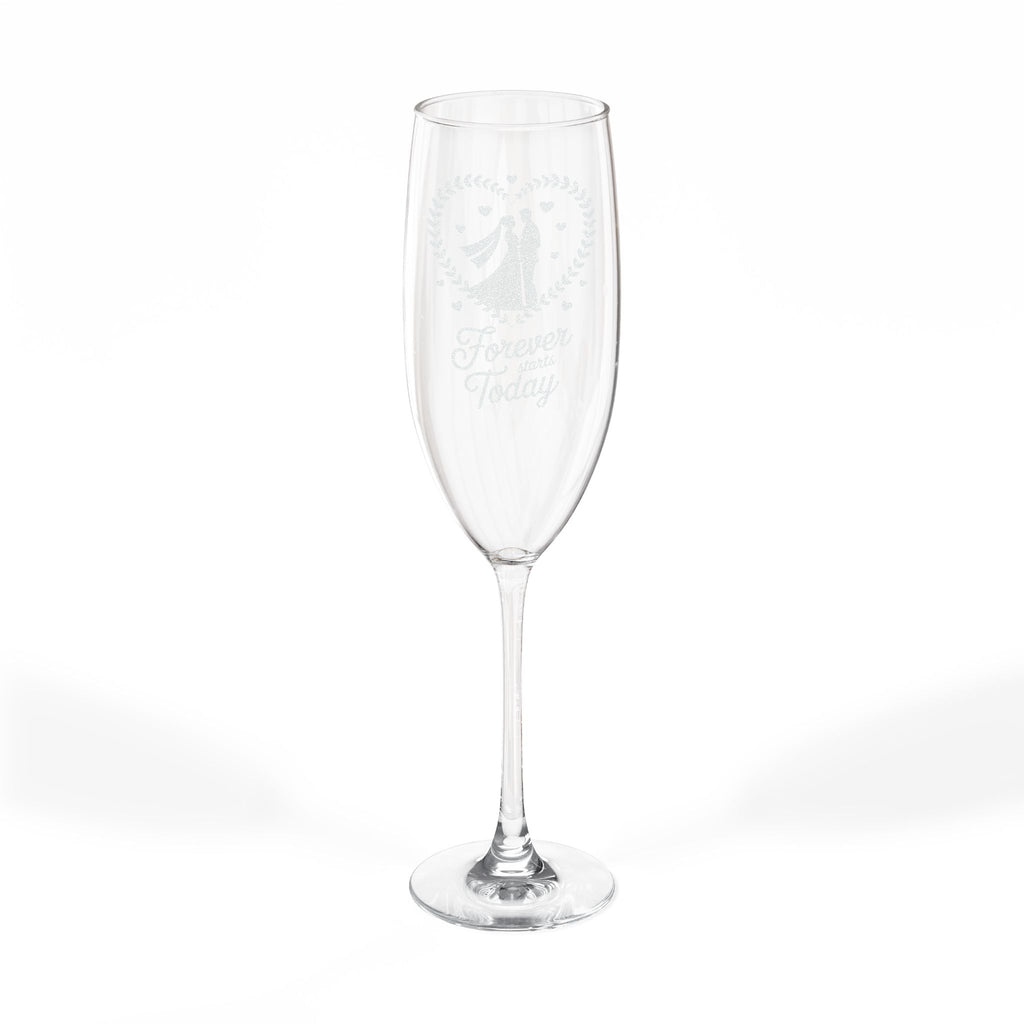Champagne flute with "Forever and Today" text and etched heart and couple.