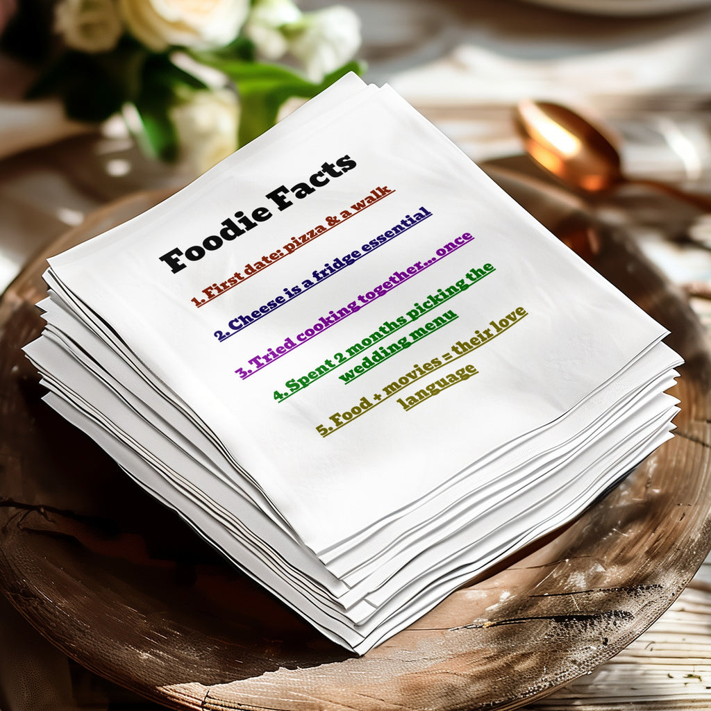 "Foodie Facts" list on stacked napkins, detailing relationship milestones.