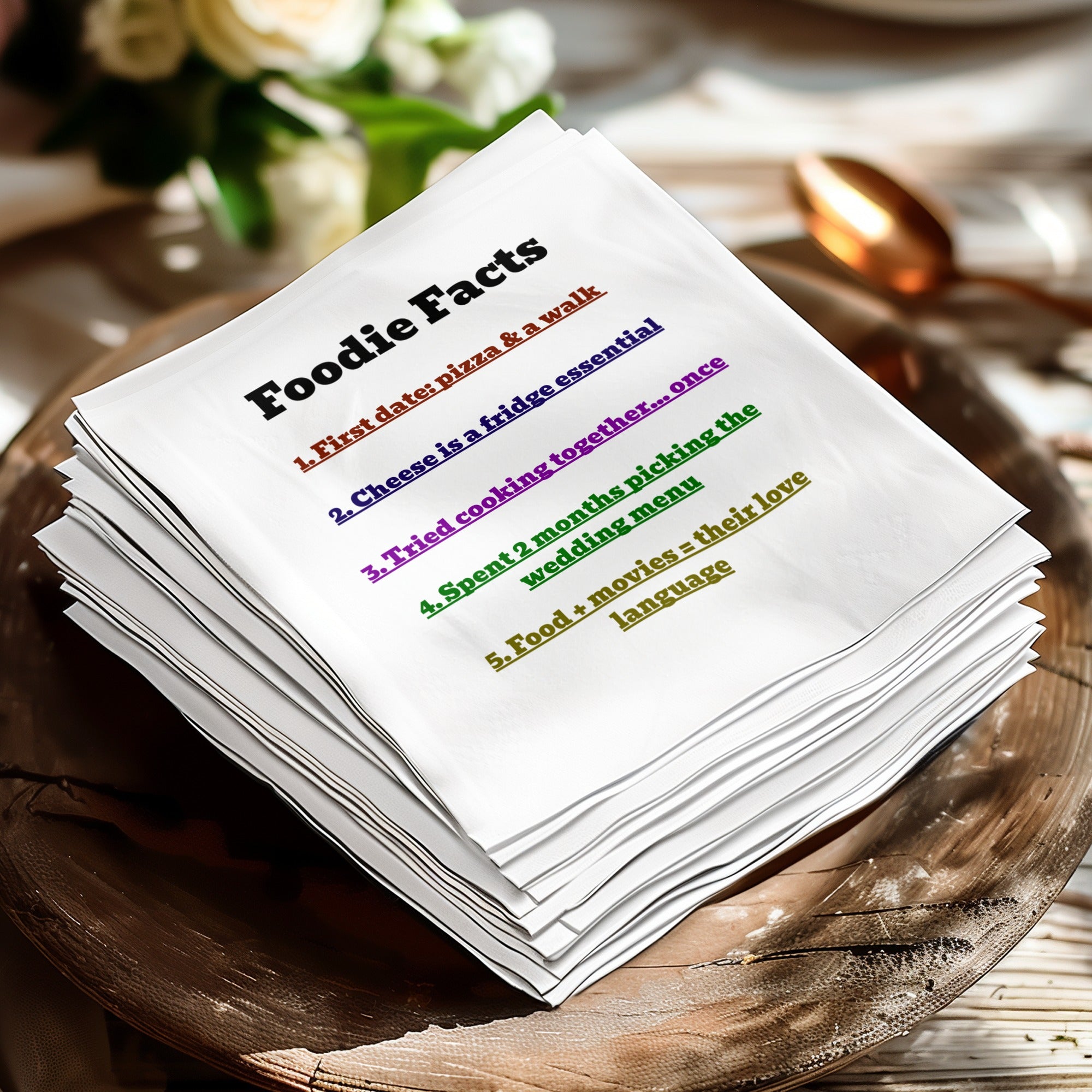 "Foodie Facts" list on stacked napkins, detailing relationship milestones.