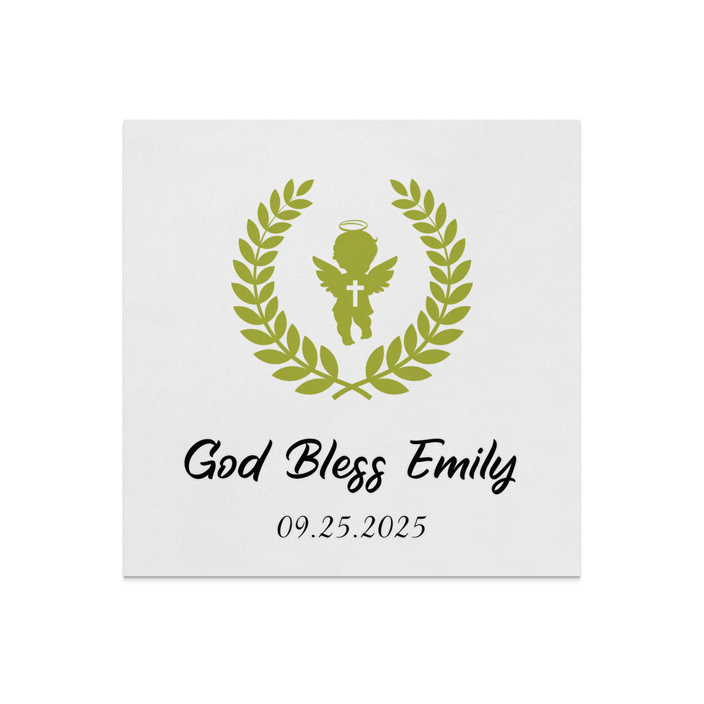 Green laurel wreath with angel and cross, "God Bless Emily 09.25.2025".