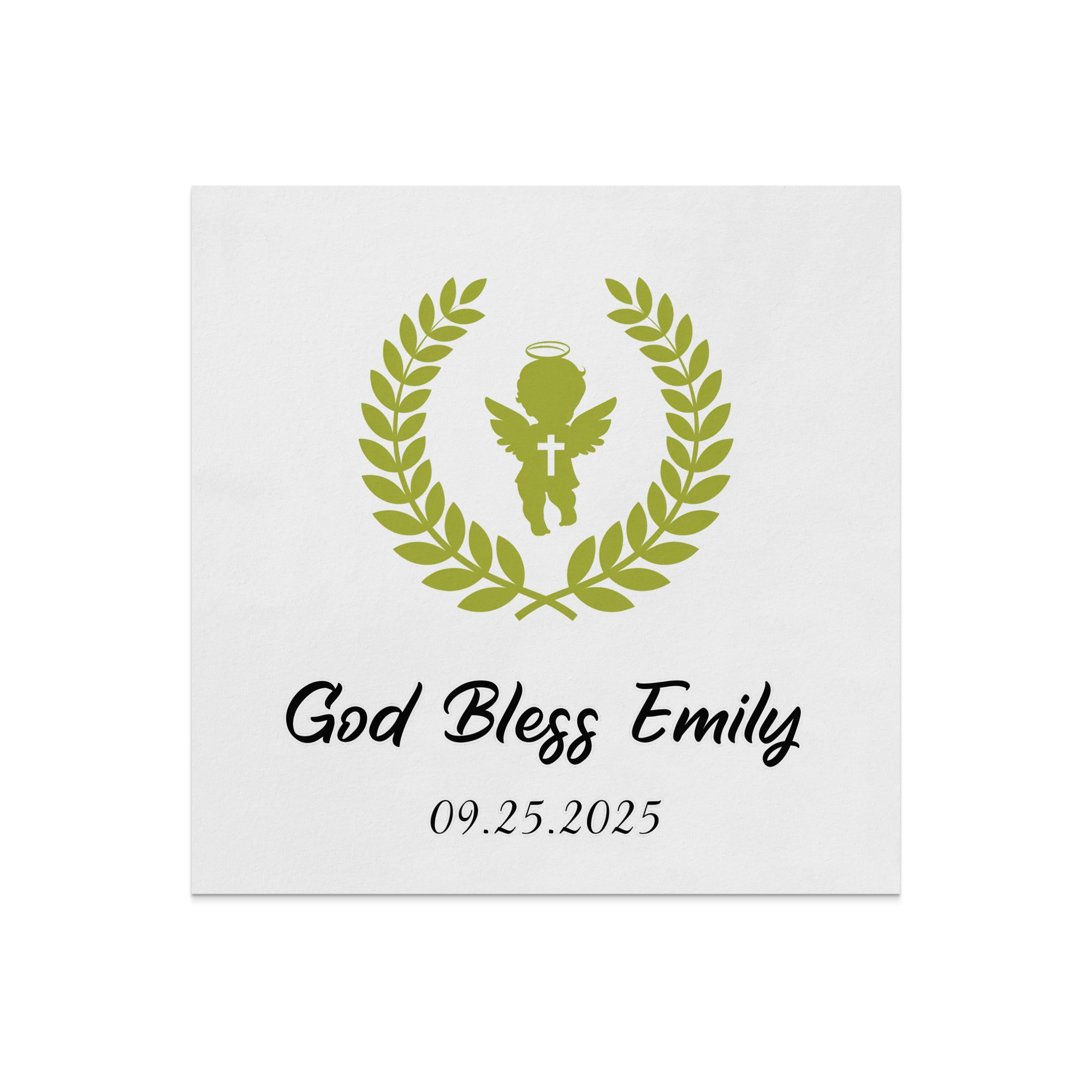 Green laurel wreath with angel and cross, "God Bless Emily 09.25.2025".