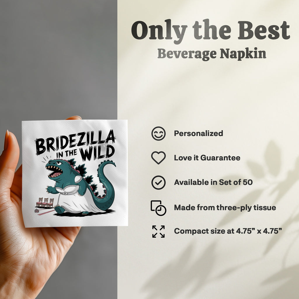 Bridezilla in the Wild beverage napkin with Godzilla-like monster in wedding dress.
