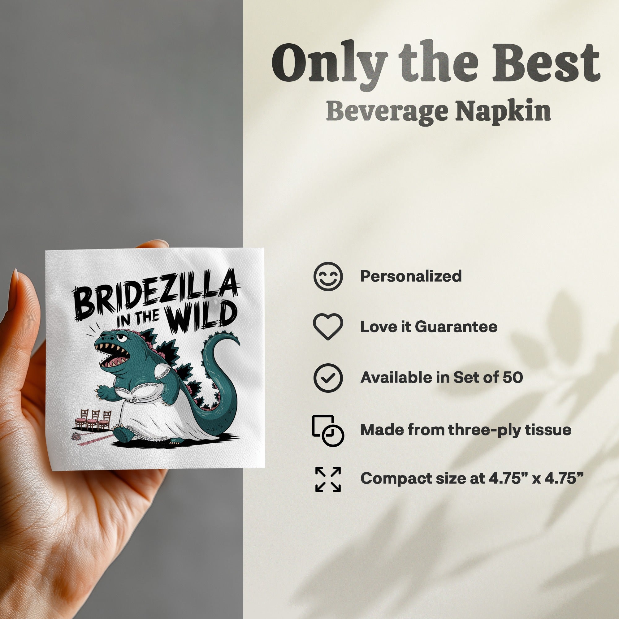 Bridezilla in the Wild beverage napkin with Godzilla-like monster in wedding dress.