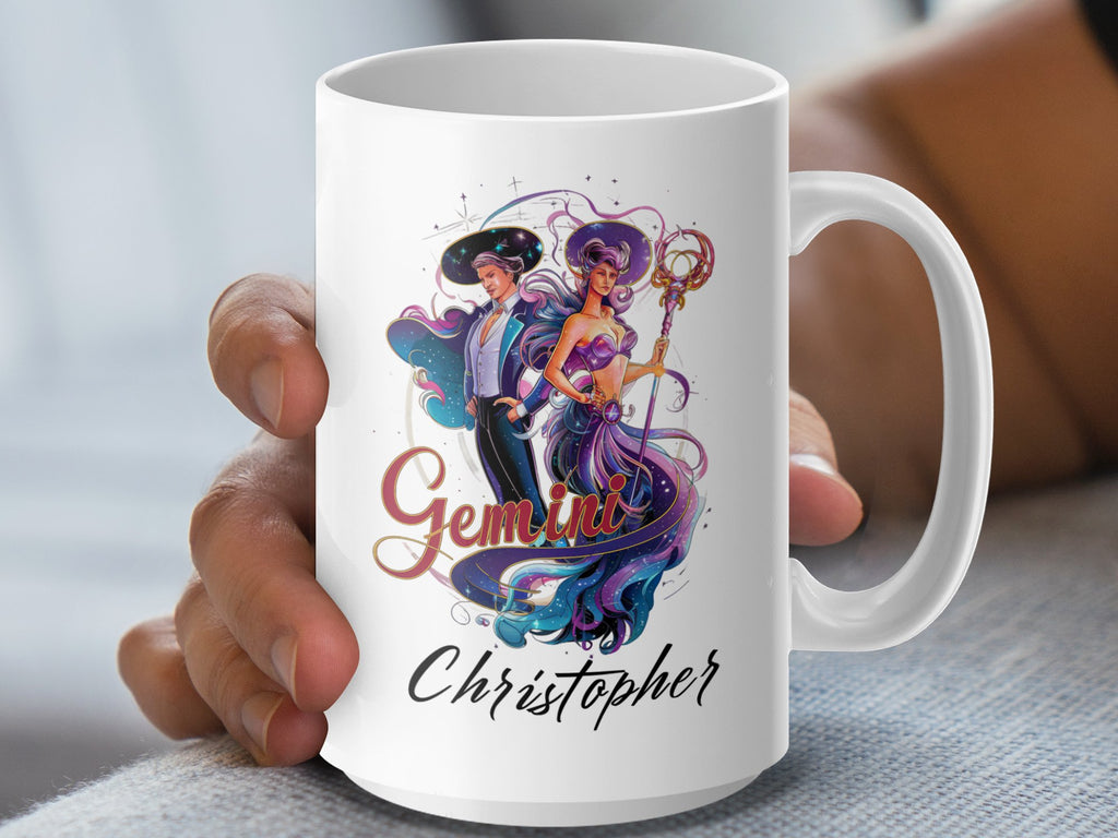 Mug with Gemini zodiac illustration and personalized name "Christopher".