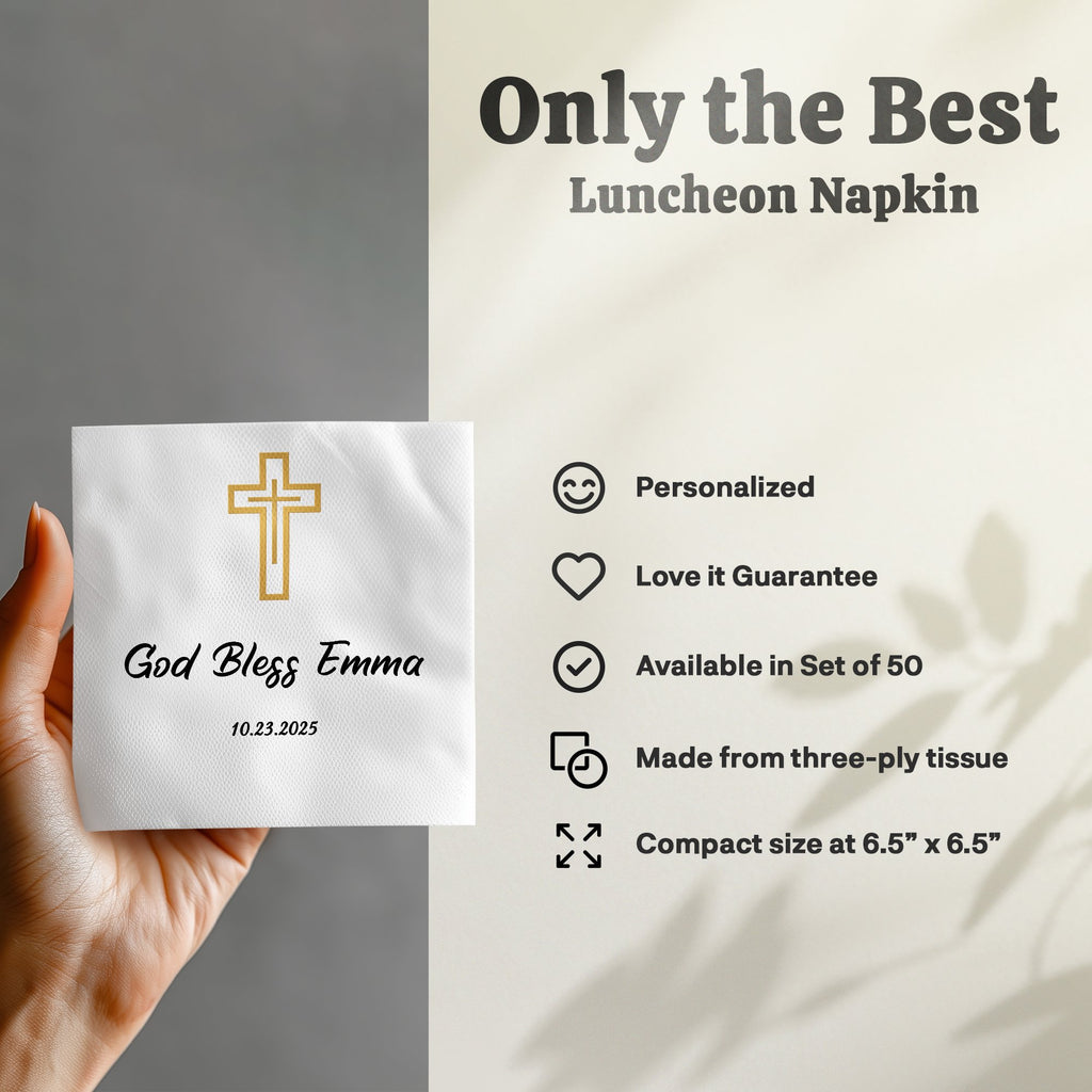 White luncheon napkin with "God Bless Emma" and date, sold in a set of 50.
