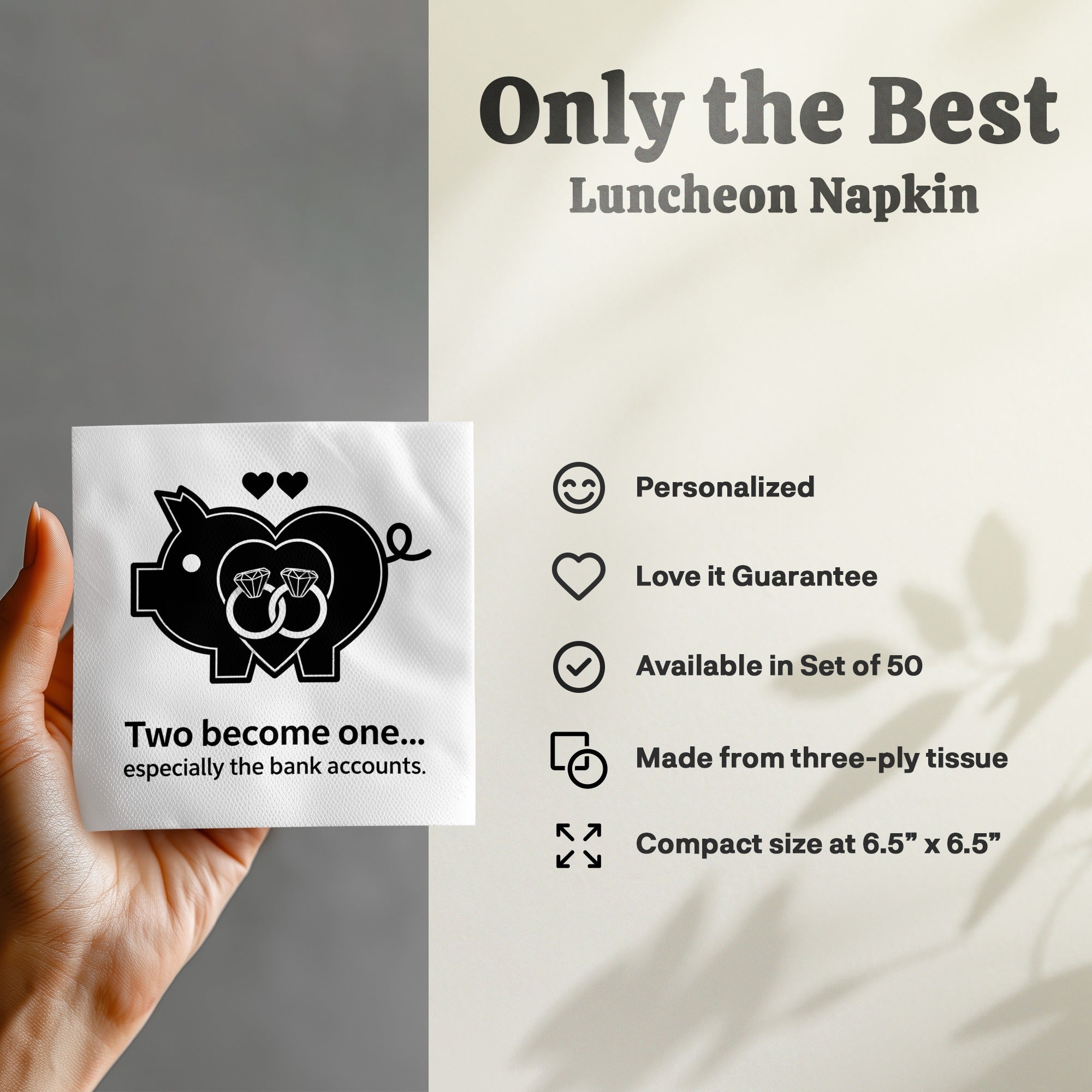 Luncheon napkin with piggy bank, wedding rings, and humorous text.