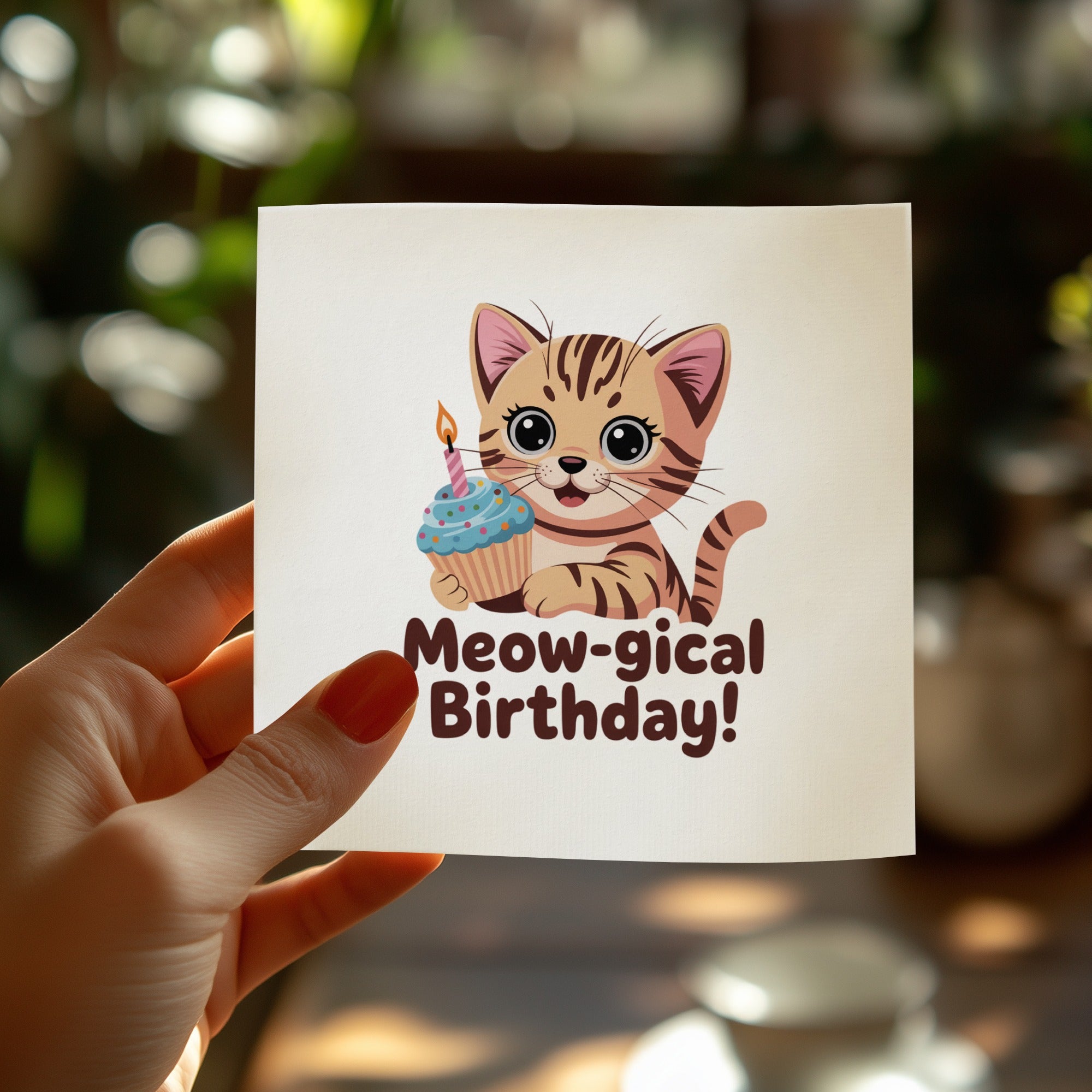 Birthday card with a cartoon cat holding a cupcake.