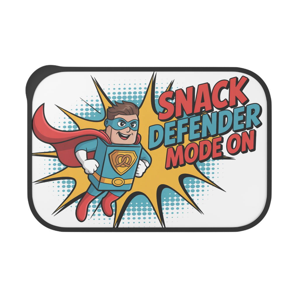 Super hero character with "SNACK DEFENDER MODE ON" text.