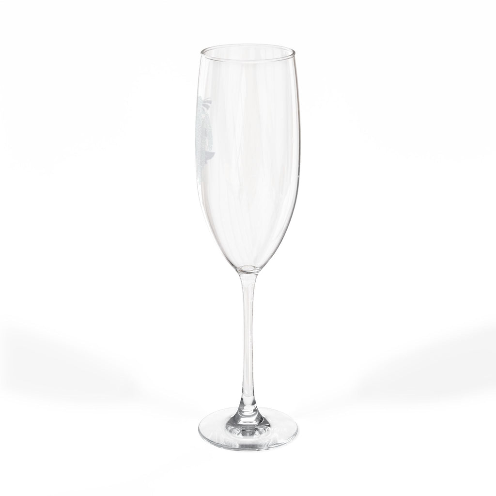 Clear champagne flute with etched floral design on white background.