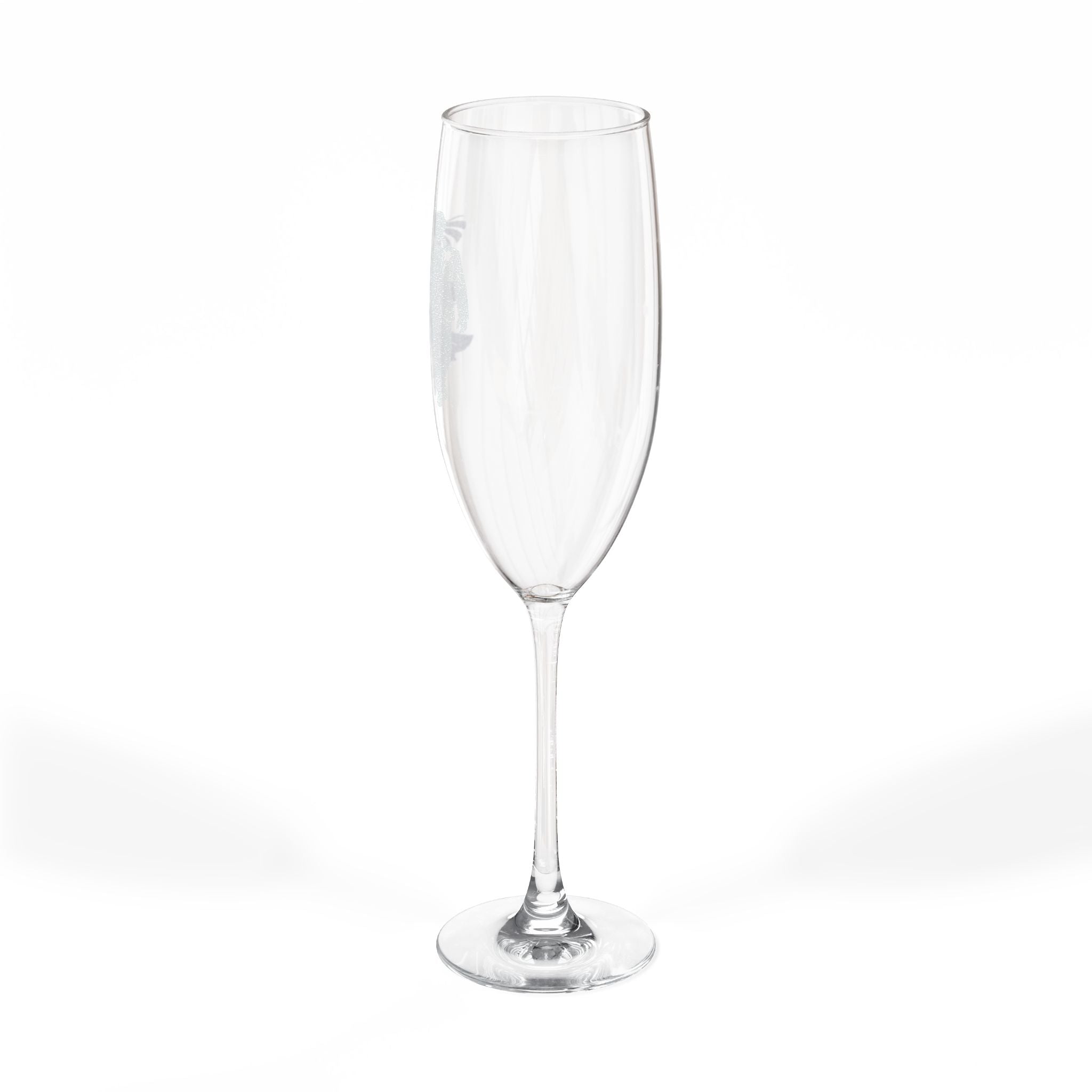 Clear champagne flute with etched floral design on white background.