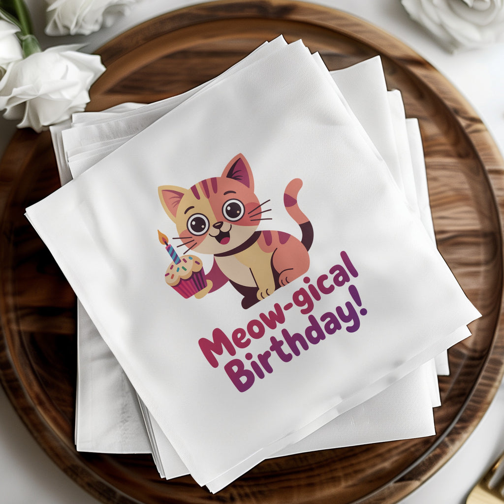 Pink and orange cat holding a cupcake with a candle, "Meow-gical Birthday!" text.