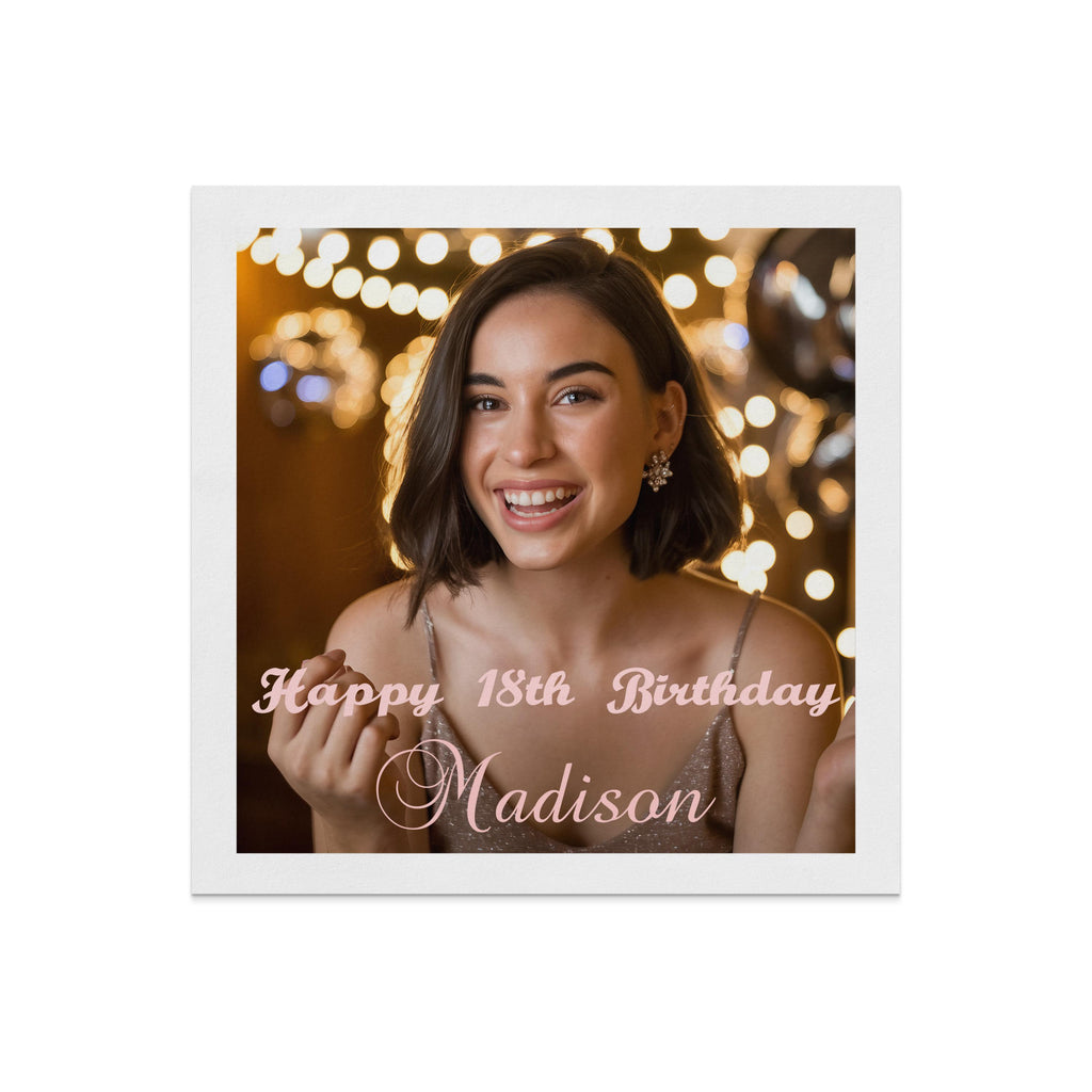 Woman smiling, "Happy 18th Birthday Madison" text.