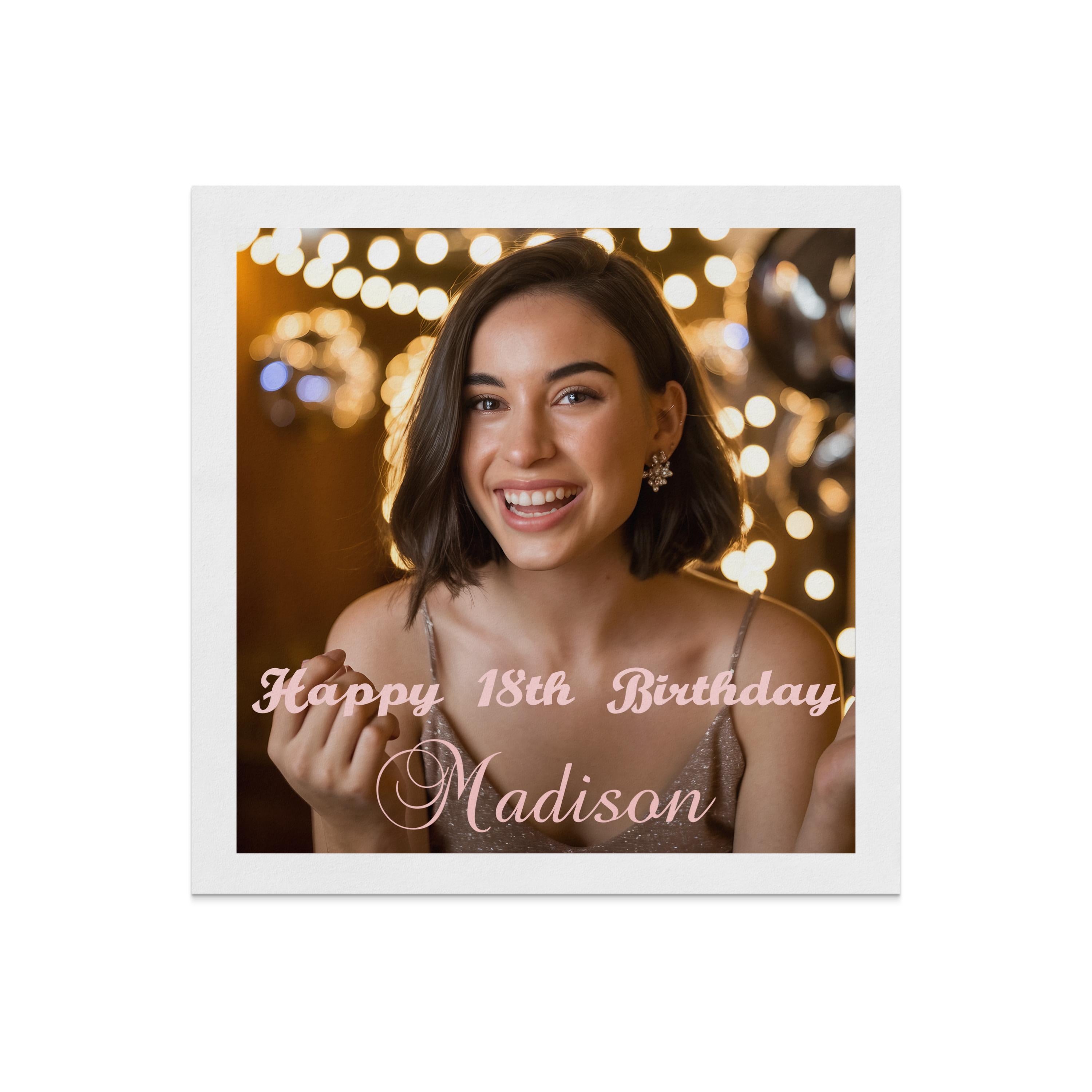 Woman smiling, "Happy 18th Birthday Madison" text.