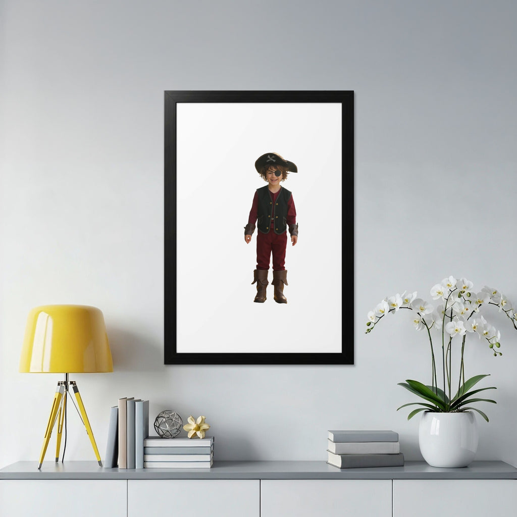Child in pirate costume with hat and boots framed on white background.