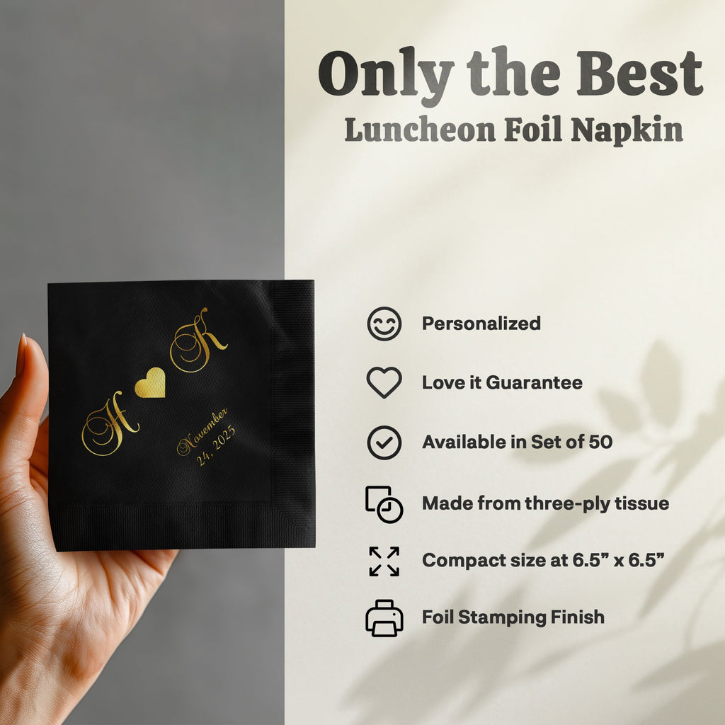 Black luncheon foil napkins with gold foil initials "H K" and "November 24, 2025".