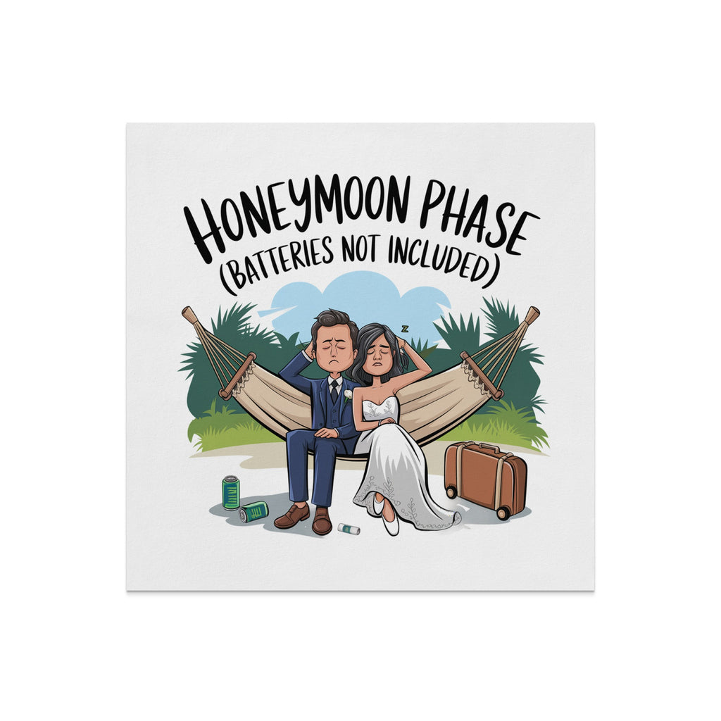 Bride and groom sleeping in hammock, "Honeymoon Phase (Batteries Not Included)" text.