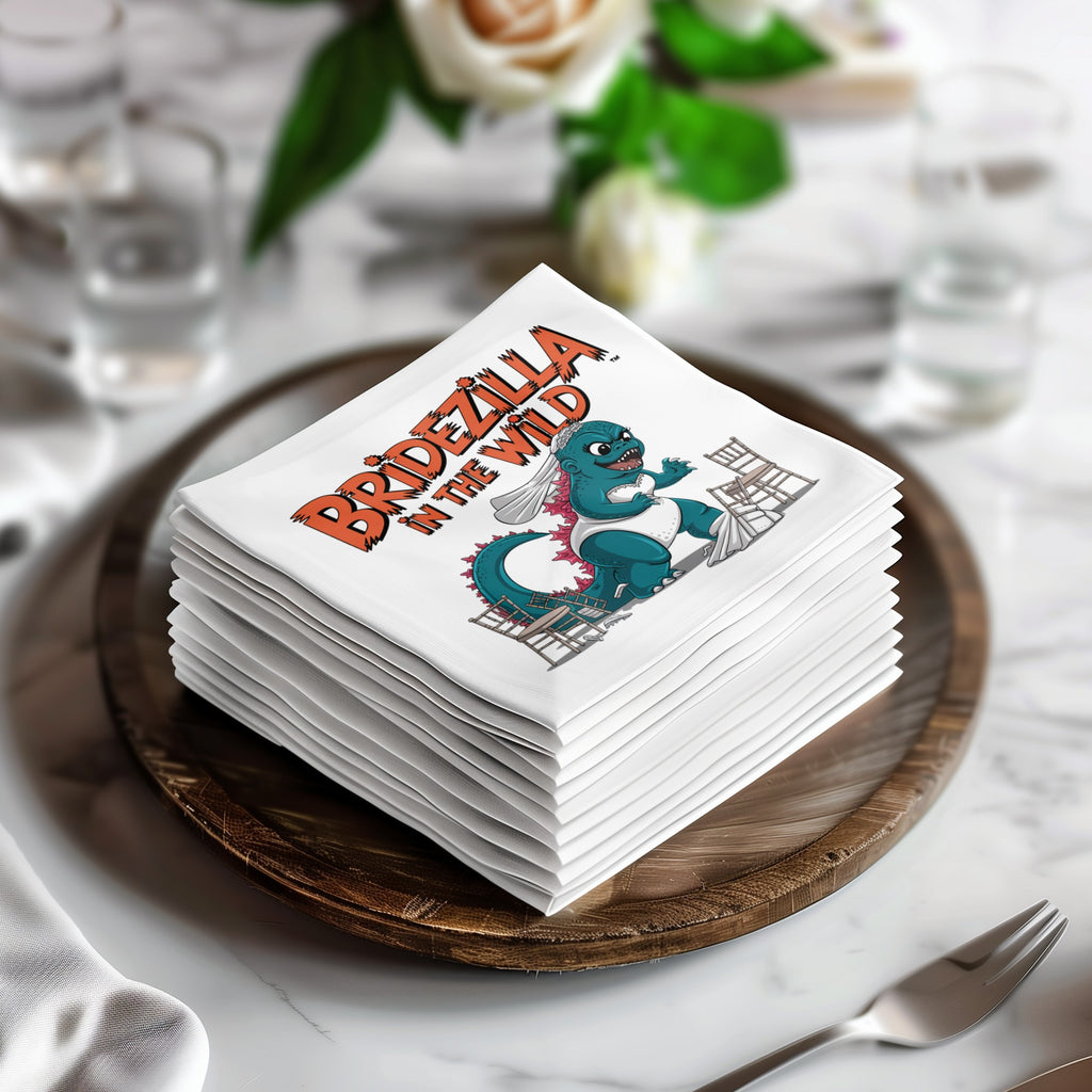 Bridezilla in the Wild napkins stacked on wooden platter.