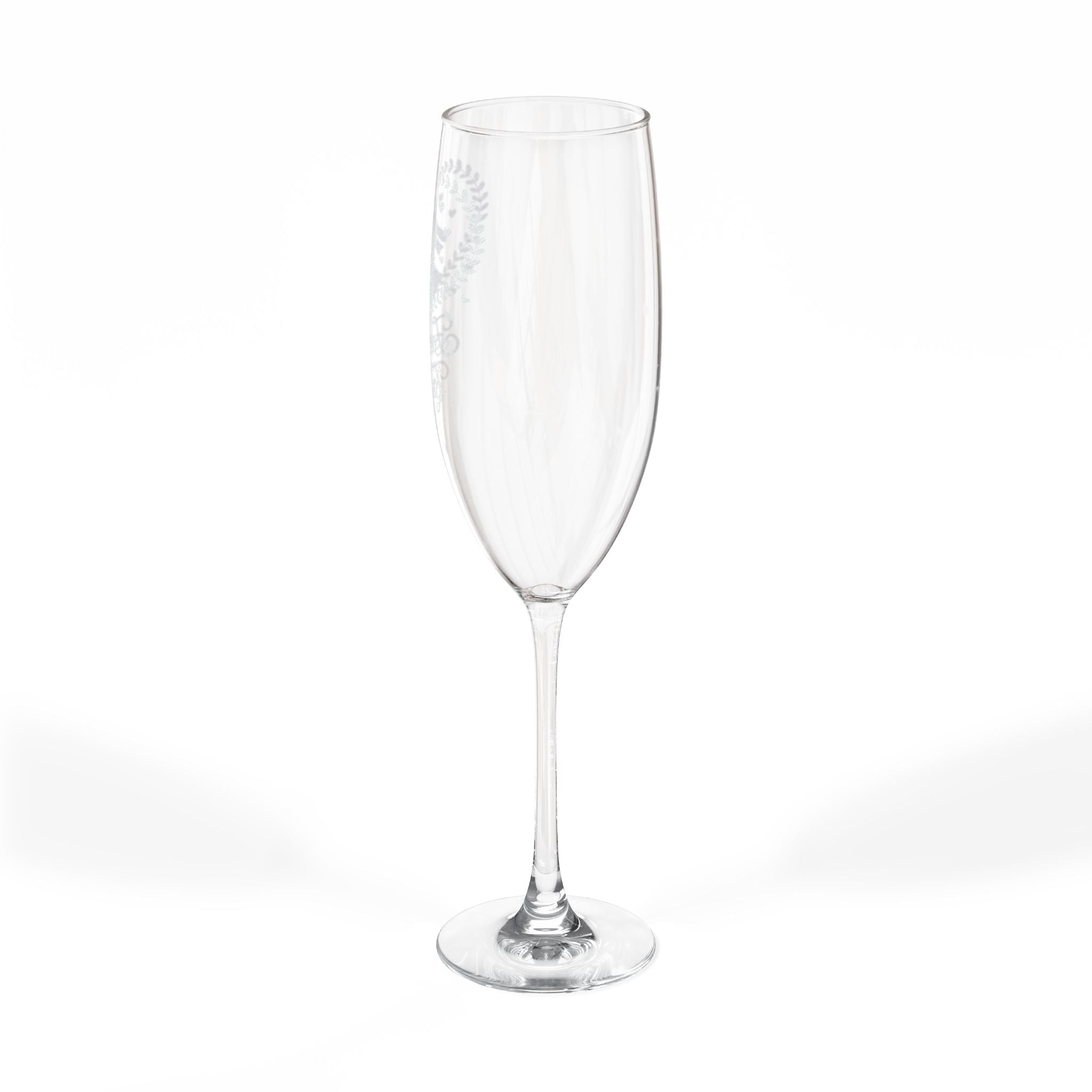 Clear champagne flute with etched decorative crest on the bowl.