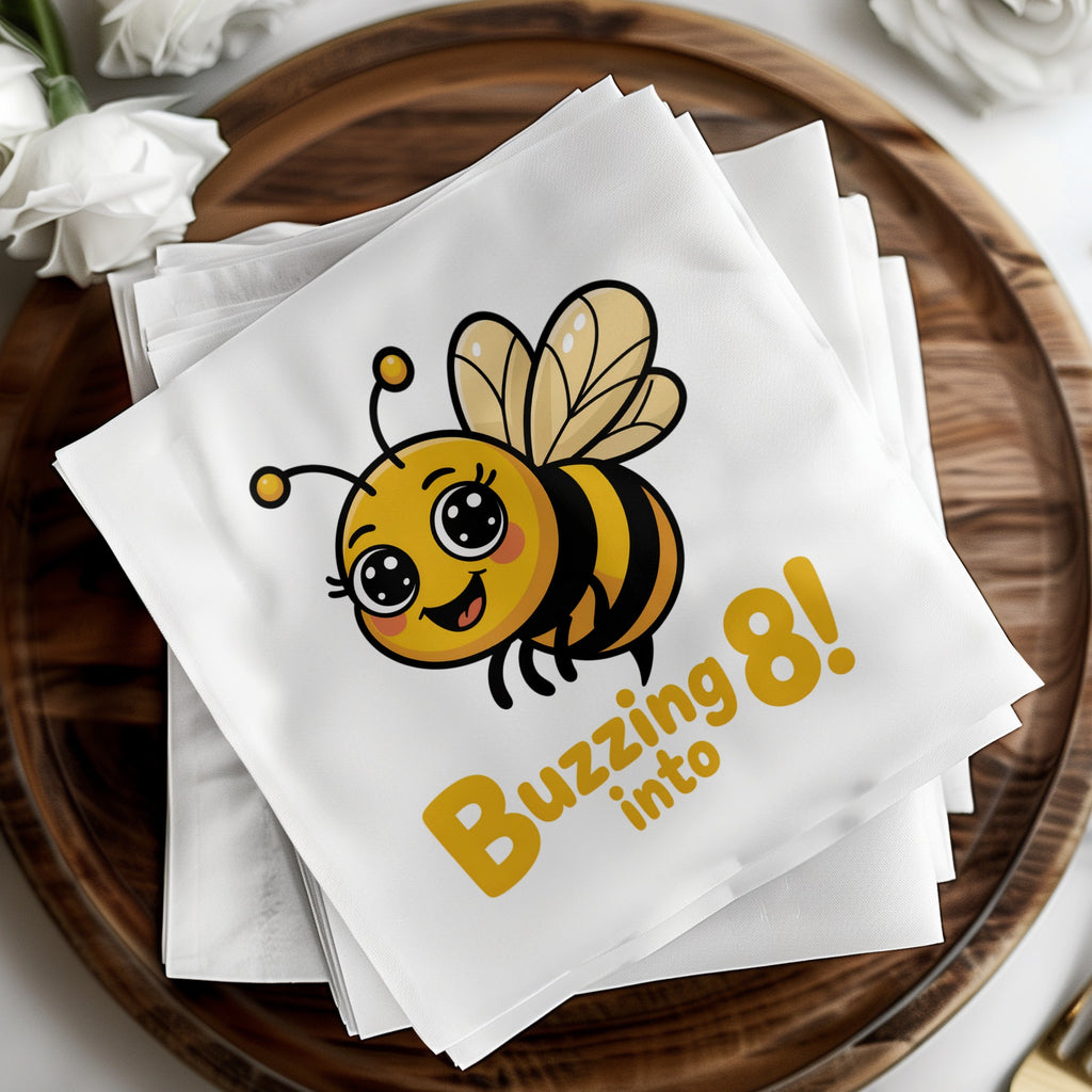 A cartoon bee with "Buzzing into 8!" text.