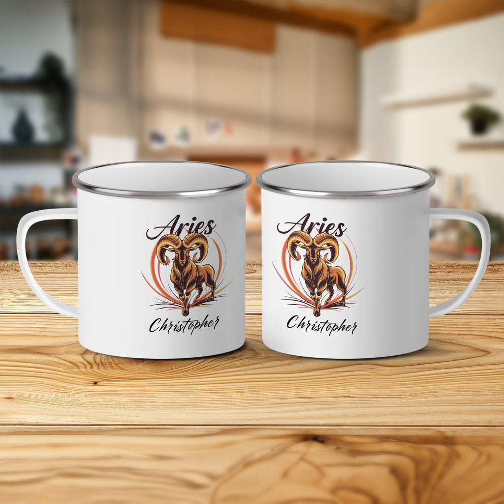 Two white enamel mugs with Aries ram design and name "Christopher".