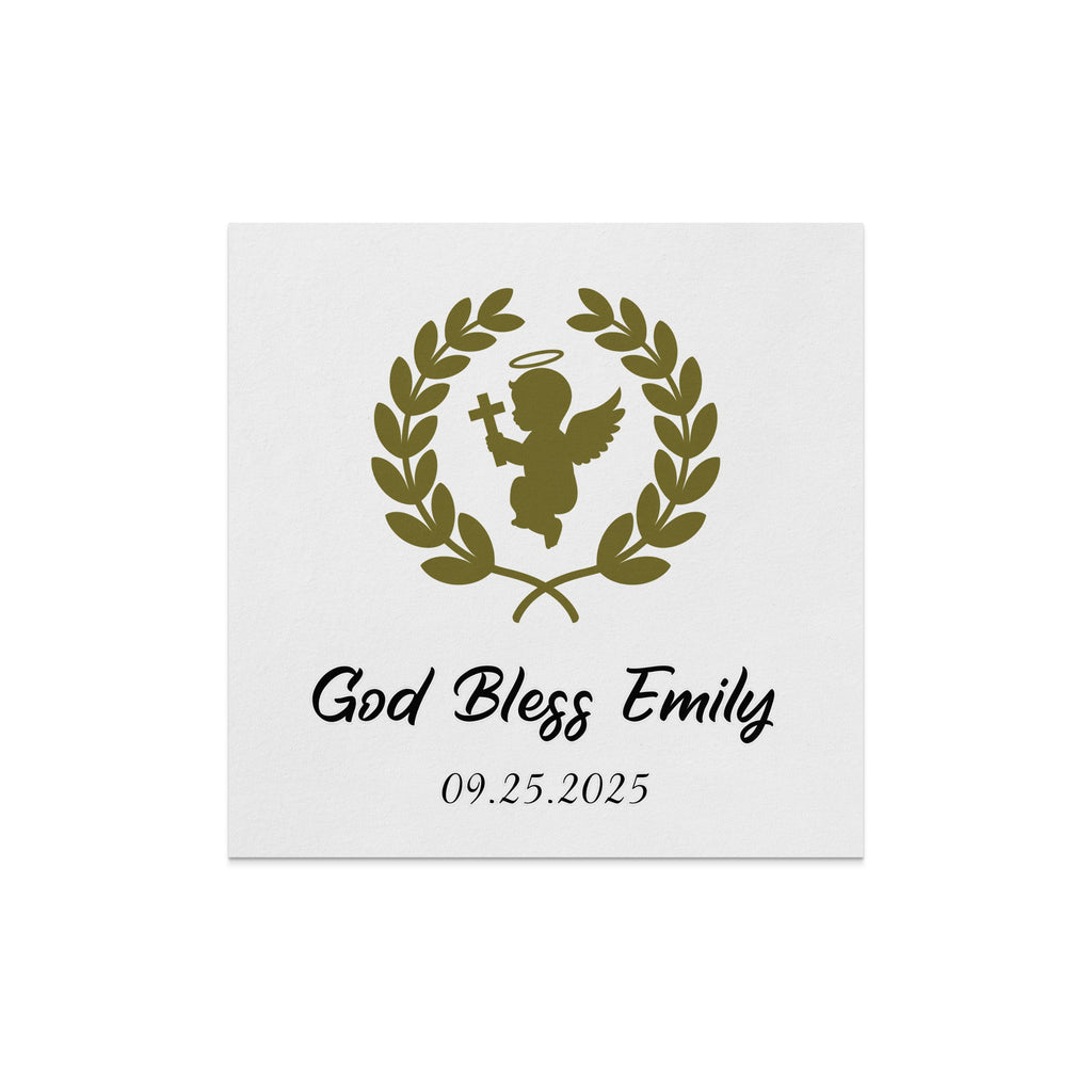 Card with laurel wreath, angel, and text "God Bless Emily 09.25.2025".