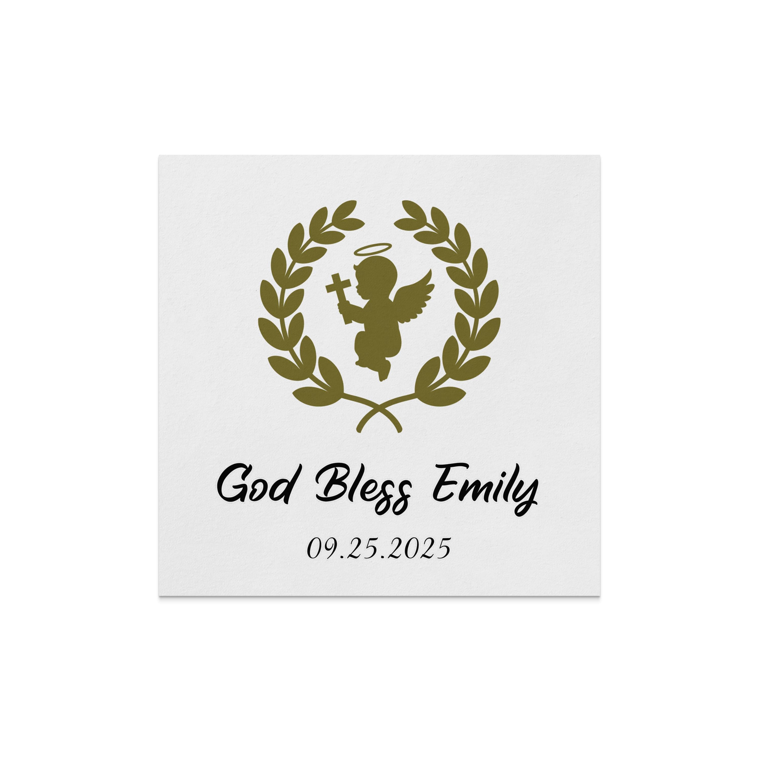 Card with laurel wreath, angel, and text "God Bless Emily 09.25.2025".